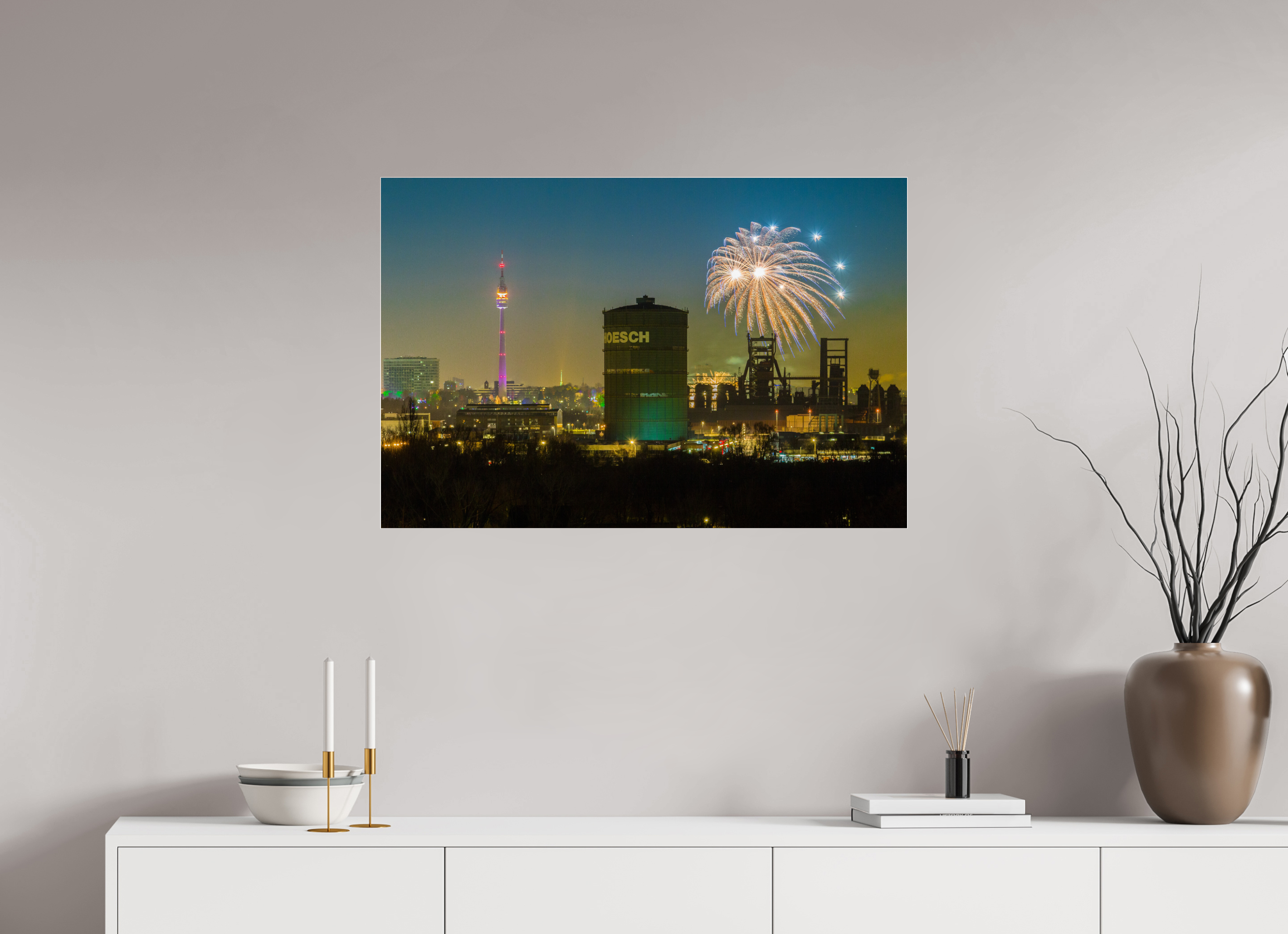 90 x 60 cm, Acrylglas 4 mm glänzend Feuerwerk an der Dortmunder Skyline