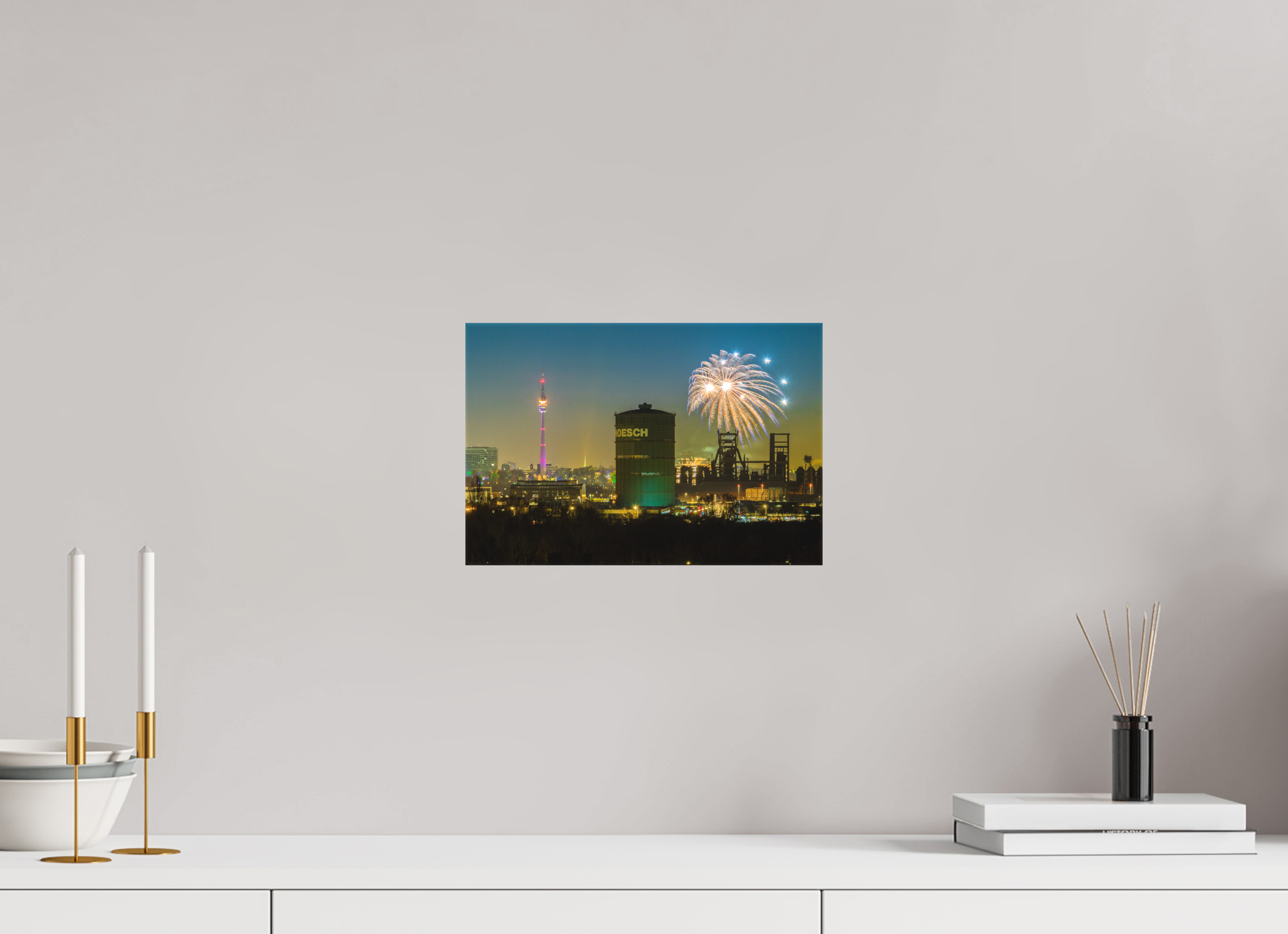 30 x 20 cm, Foto-Leinwand matt Feuerwerk an der Dortmunder Skyline