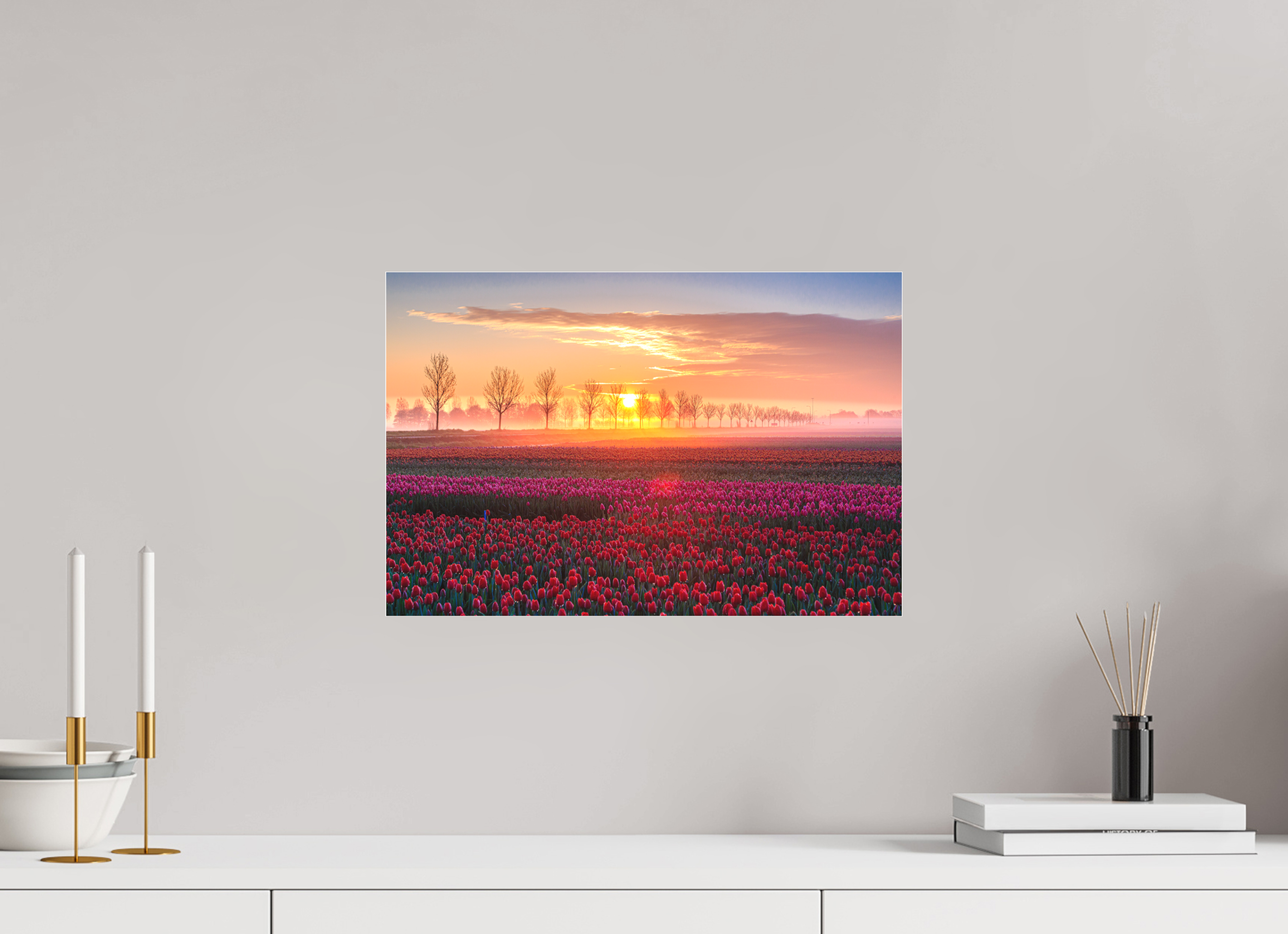 45 x 30 cm, Foto-Abzug hinter Acrylglas 3 mm matt Sonnenaufgang über dem Tulpfenfeld