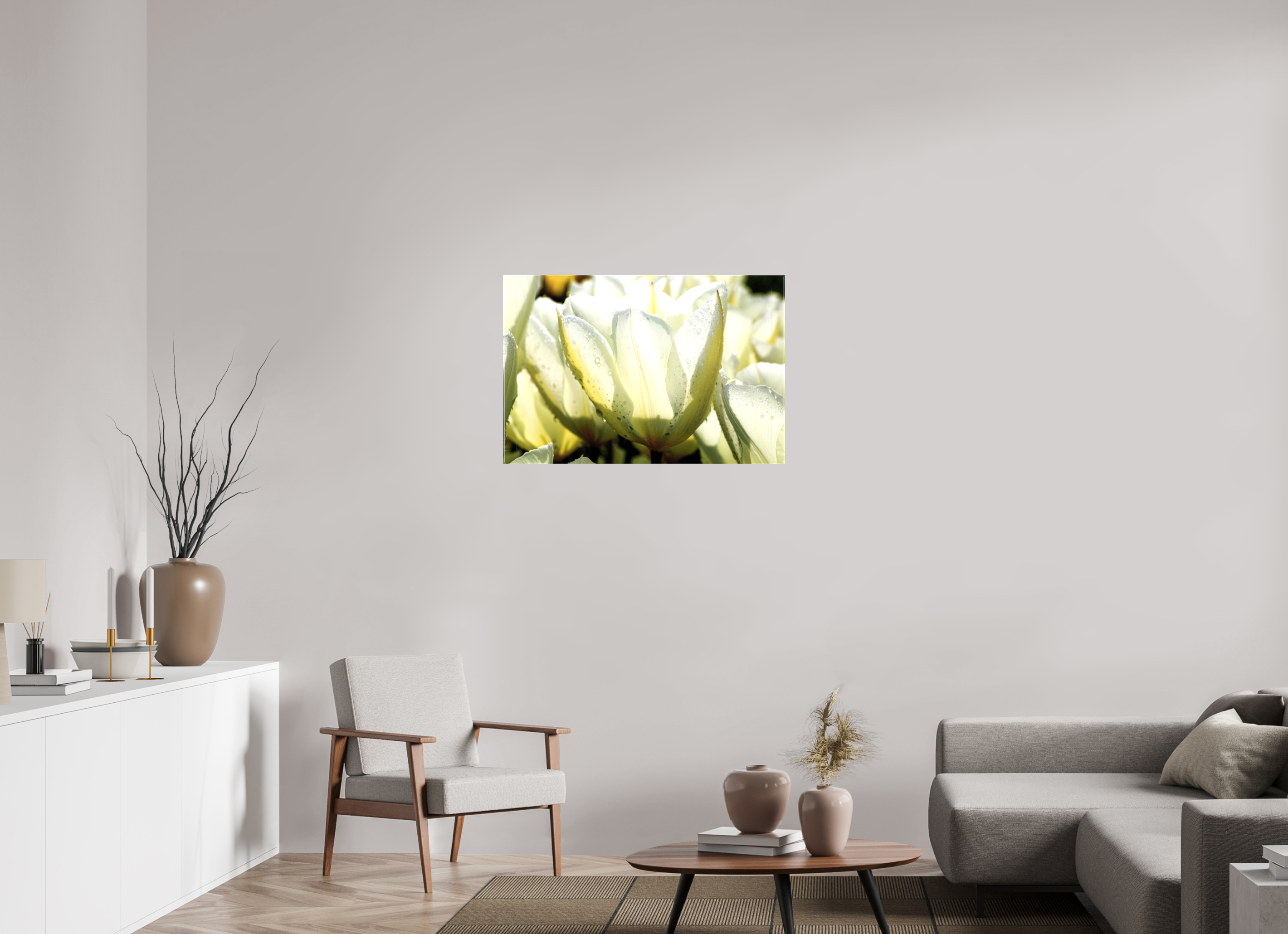 90 x 60 cm, Foto Leinwand glänzend Morgentau auf Tulpen-Blütenblättern
