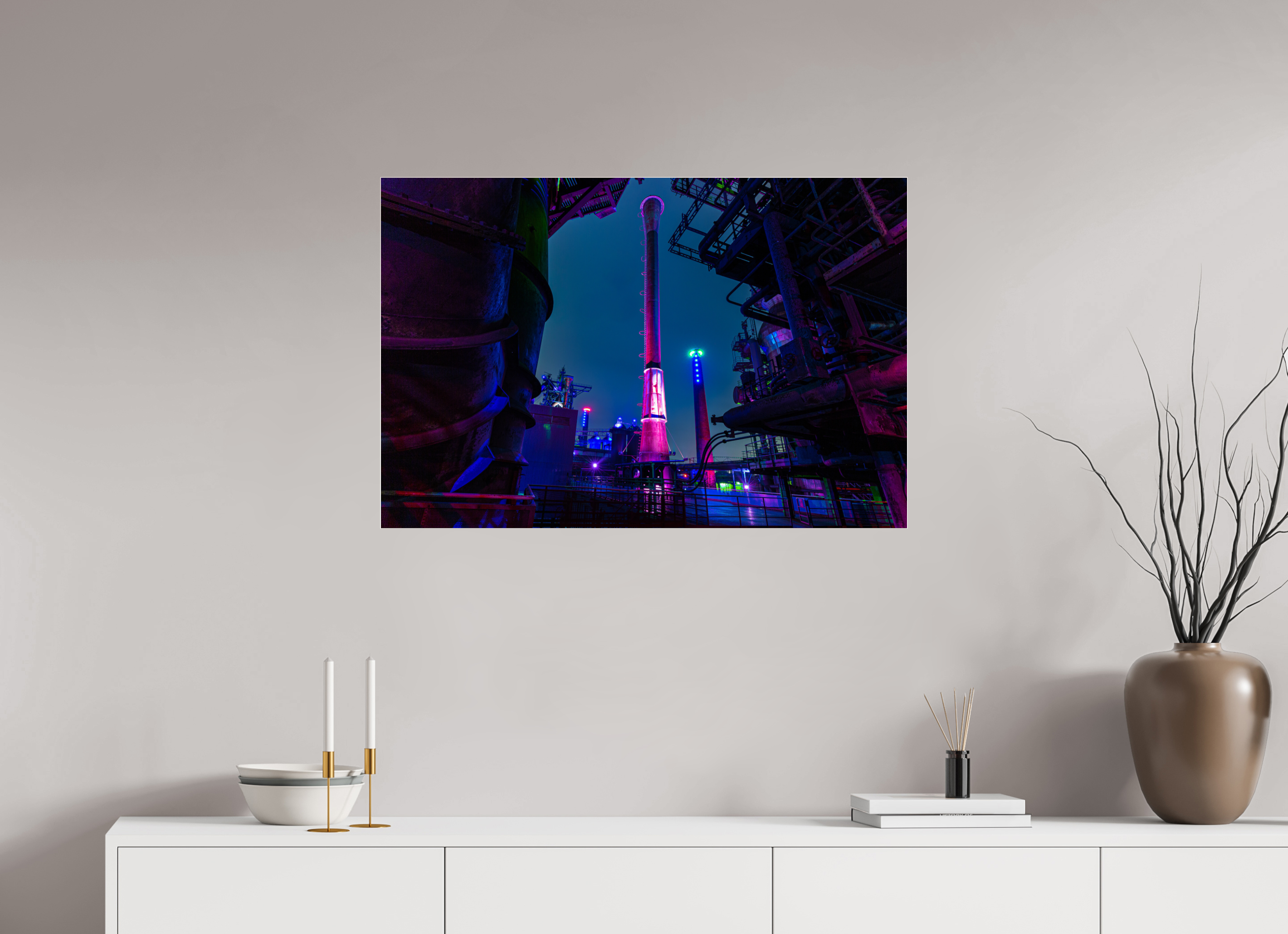 90 x 60 cm, Acrylglas 4 mm glänzend Illuminierter Schornstein im Landschaftspark Duisburg