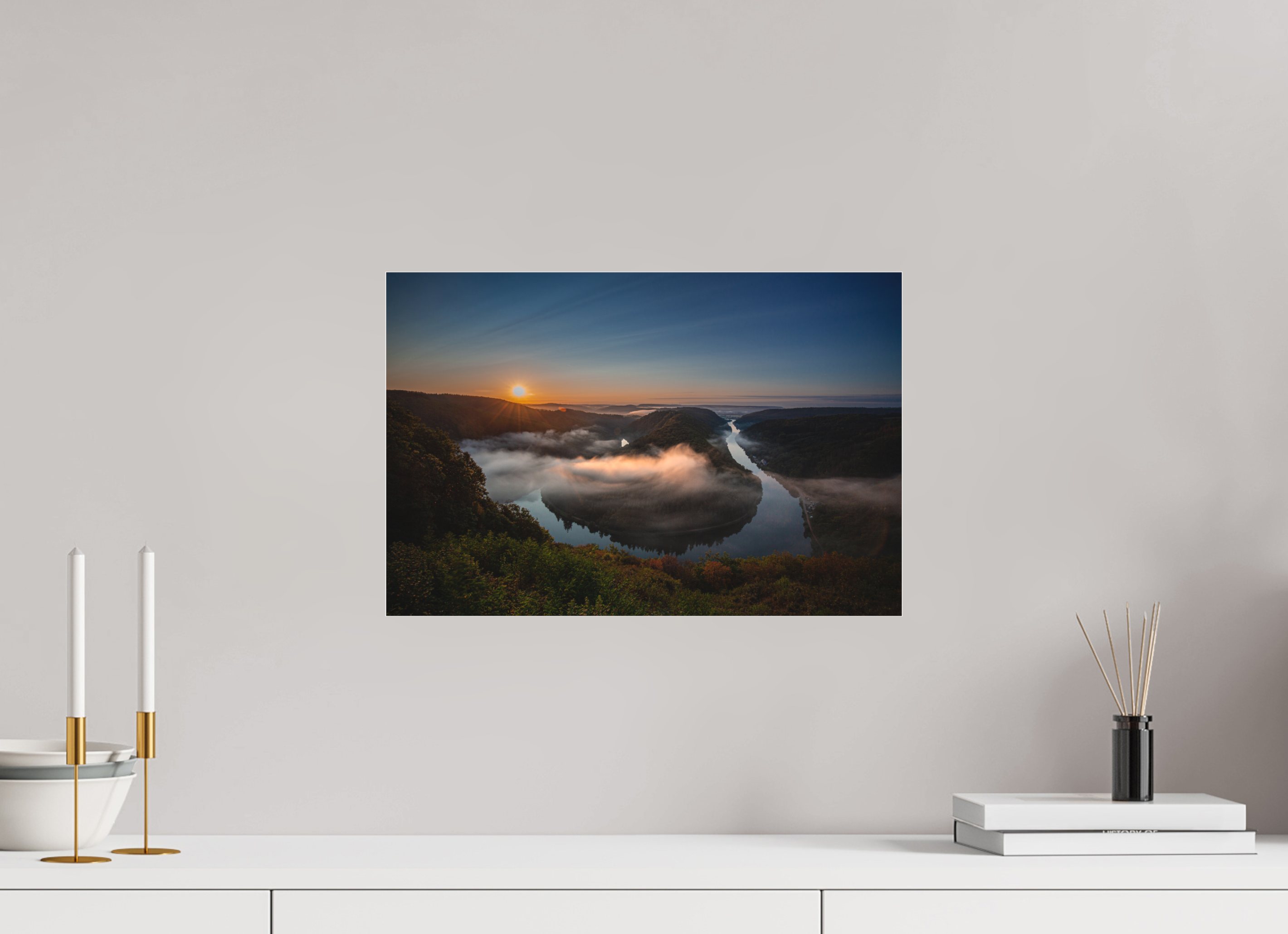 45 x 30 cm, Foto-Abzug hinter Acrylglas 3 mm matt Sonnenaufgang an der Saarschleife