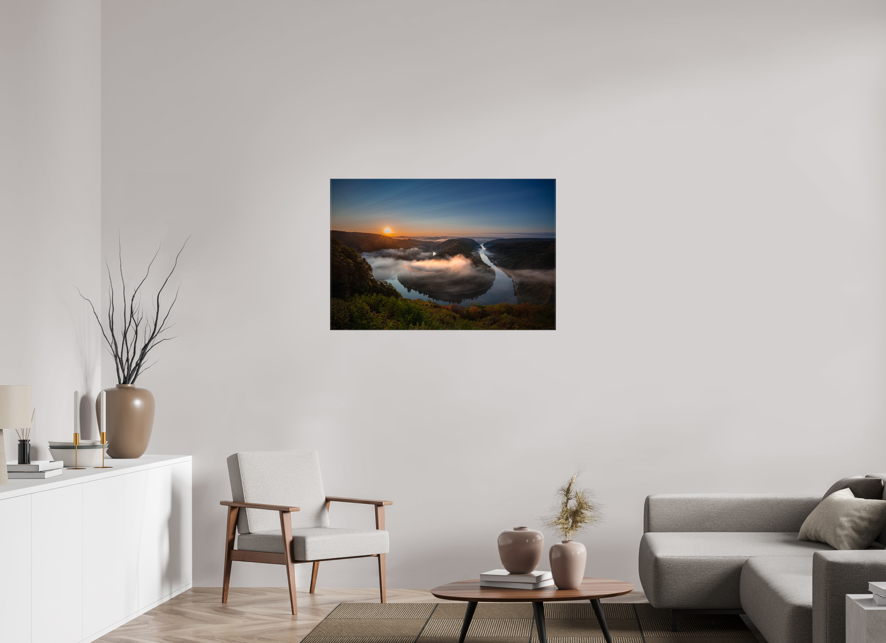 105 x 70 cm, Foto Leinwand glänzend Sonnenaufgang an der Saarschleife