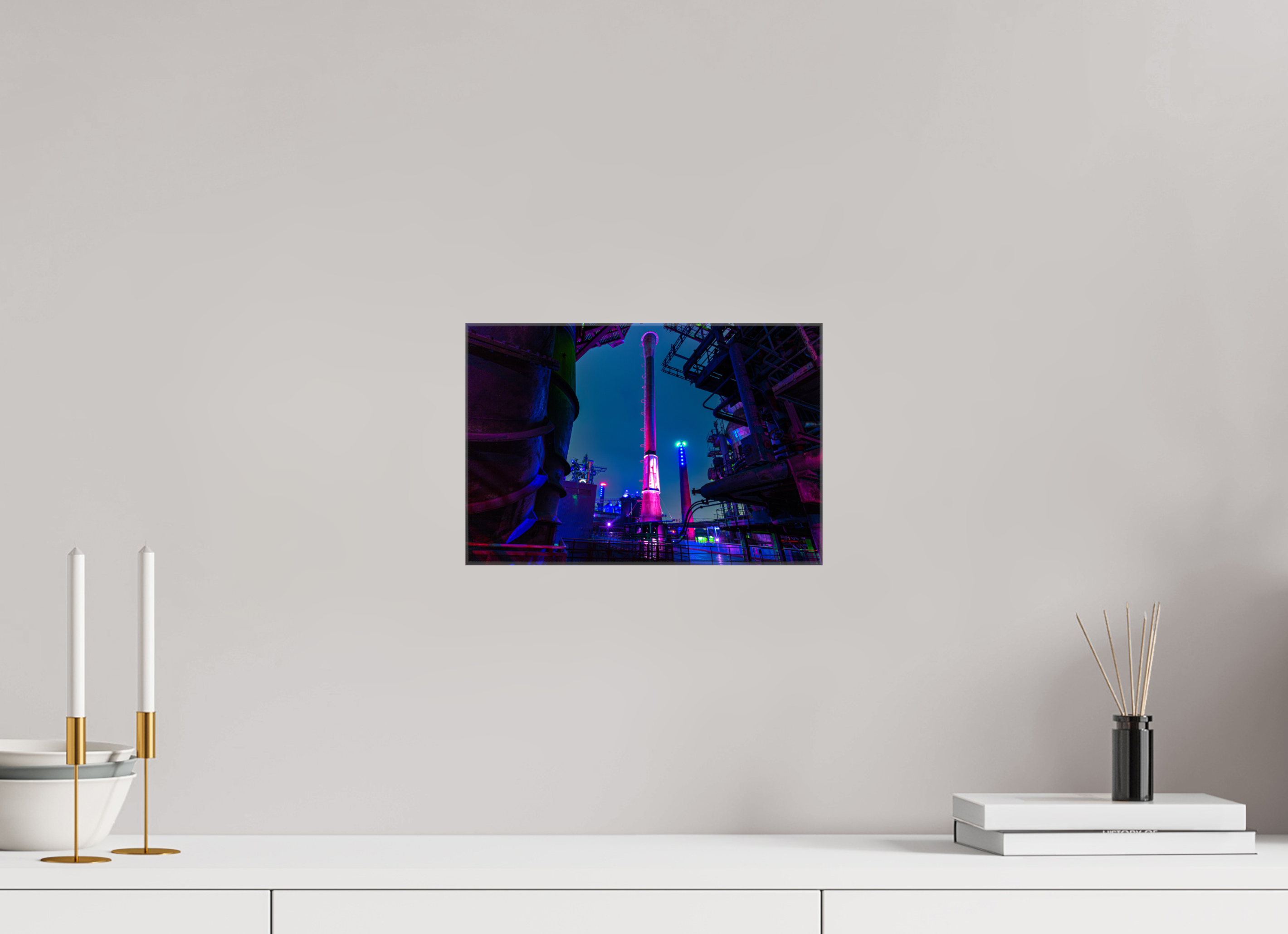 30 x 20 cm, Foto Leinwand glänzend Illuminierter Schornstein im Landschaftspark Duisburg