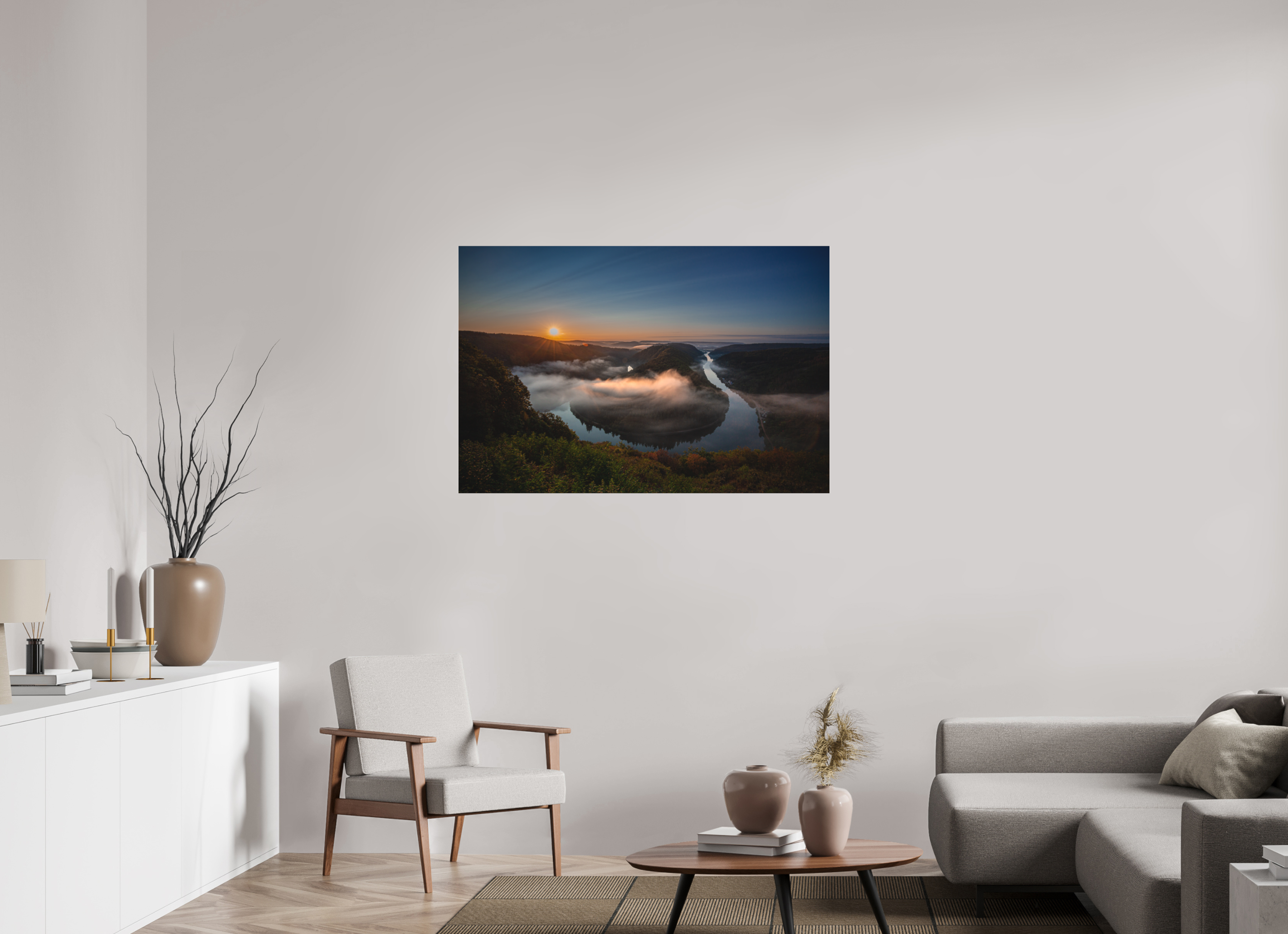 120 x 80 cm, Foto-Abzug hinter Acrylglas 3 mm matt Sonnenaufgang an der Saarschleife