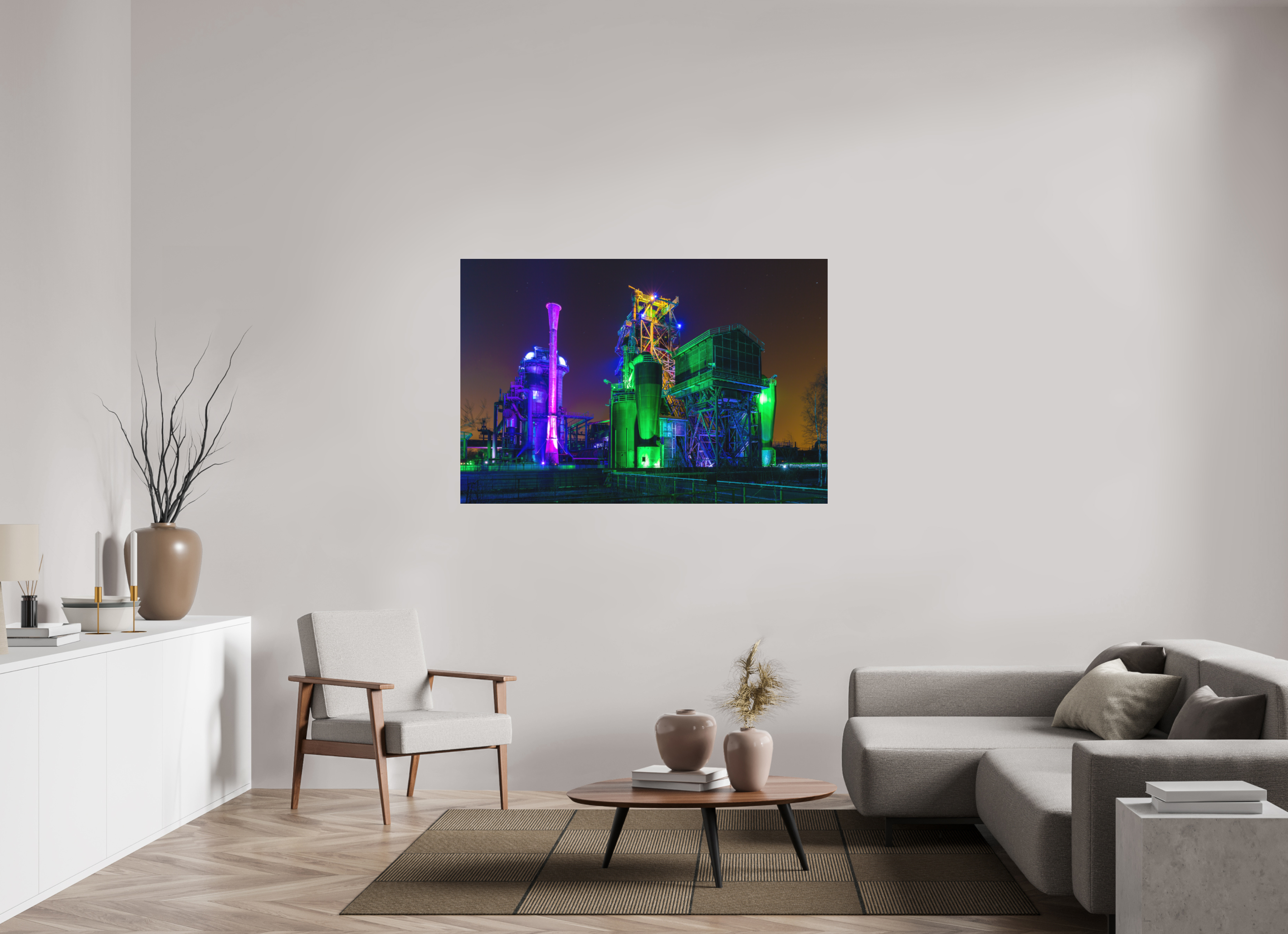 150 x 100 cm, Foto-Abzug hinter Acrylglas 3 mm matt Illuminierter Landschaftspark Duisburg