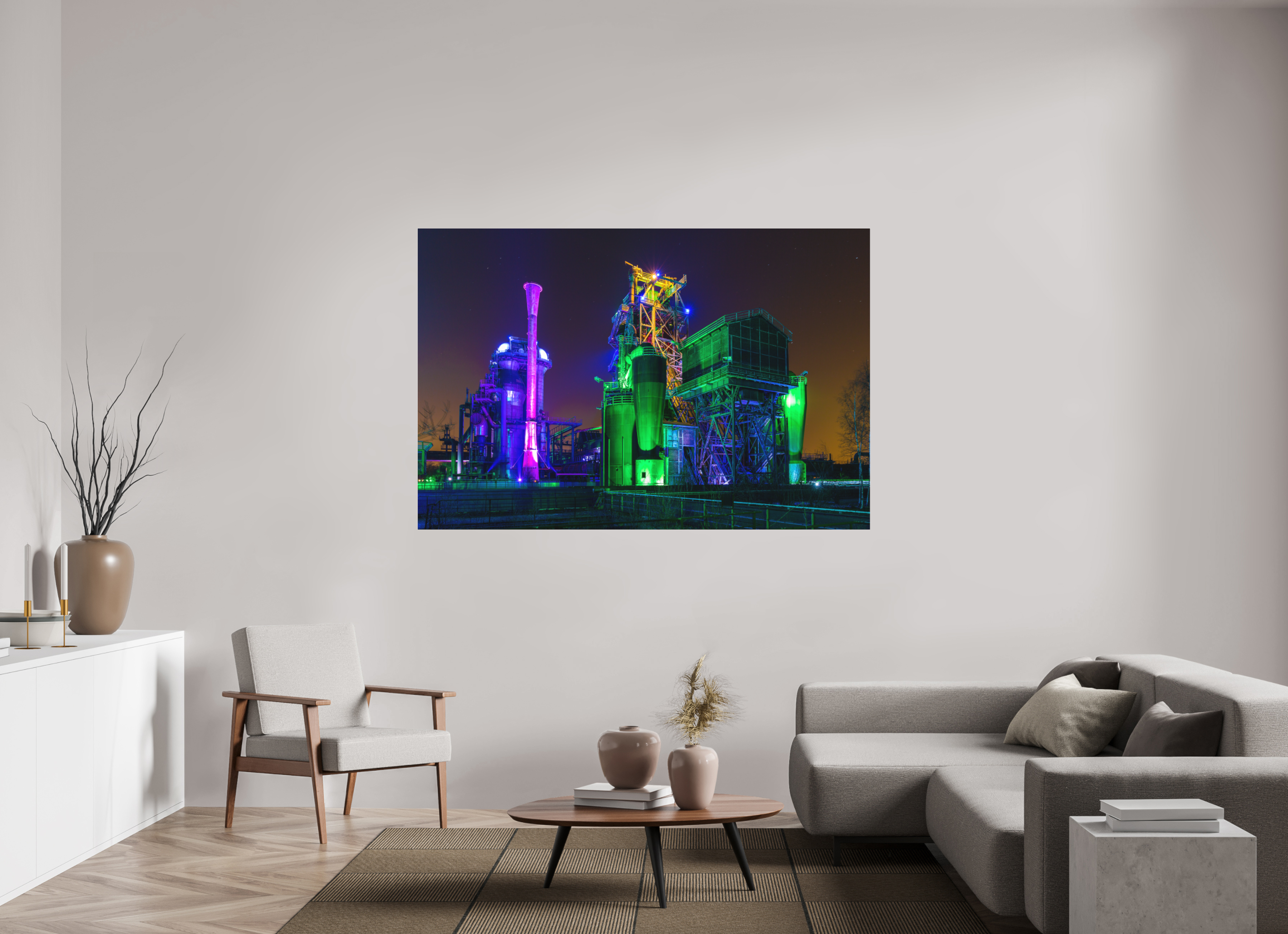 180 x 120 cm, Foto-Abzug hinter Acrylglas 3 mm matt Illuminierter Landschaftspark Duisburg