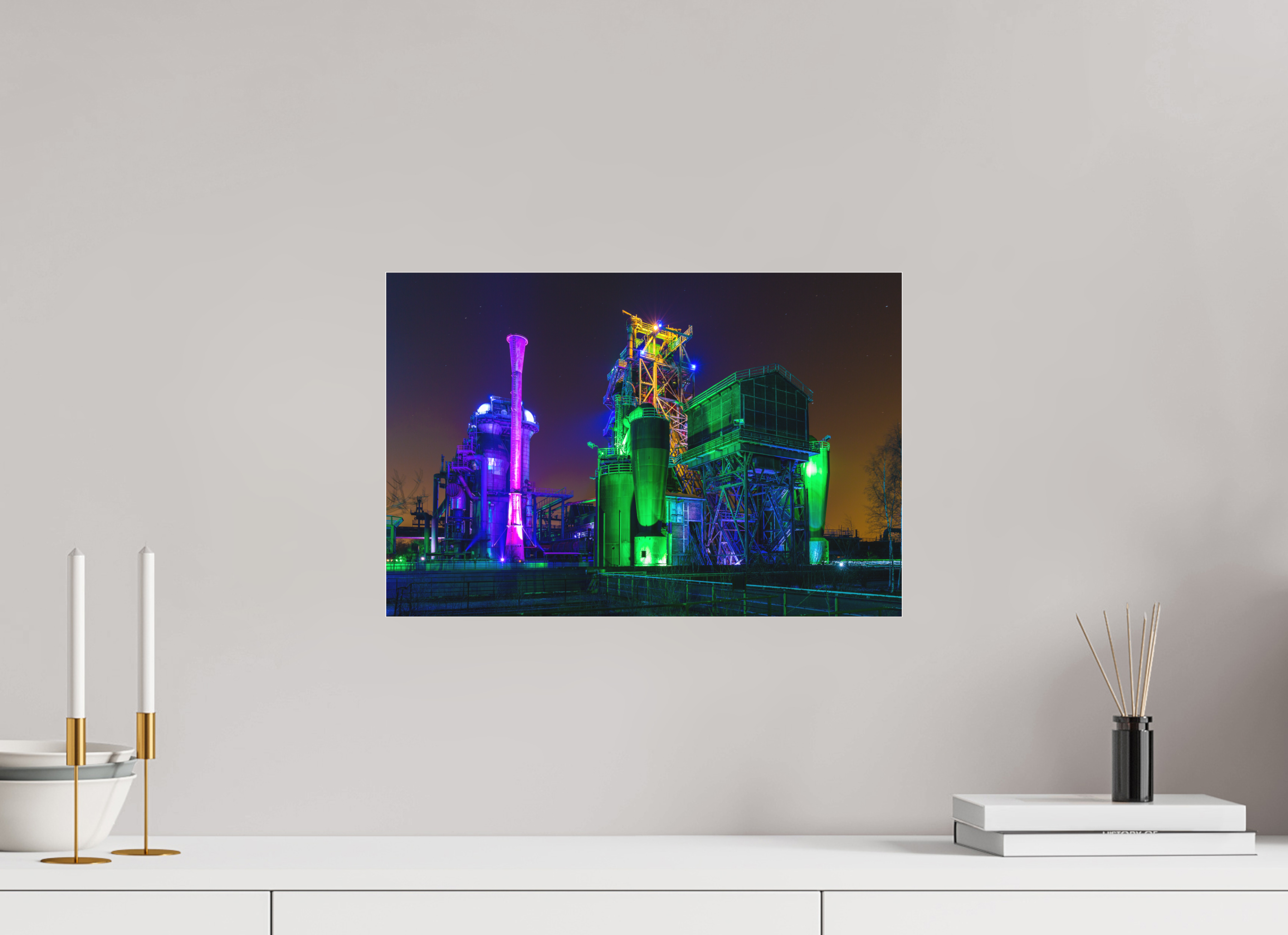 45 x 30 cm, Foto-Abzug hinter Acrylglas 3 mm matt Illuminierter Landschaftspark Duisburg