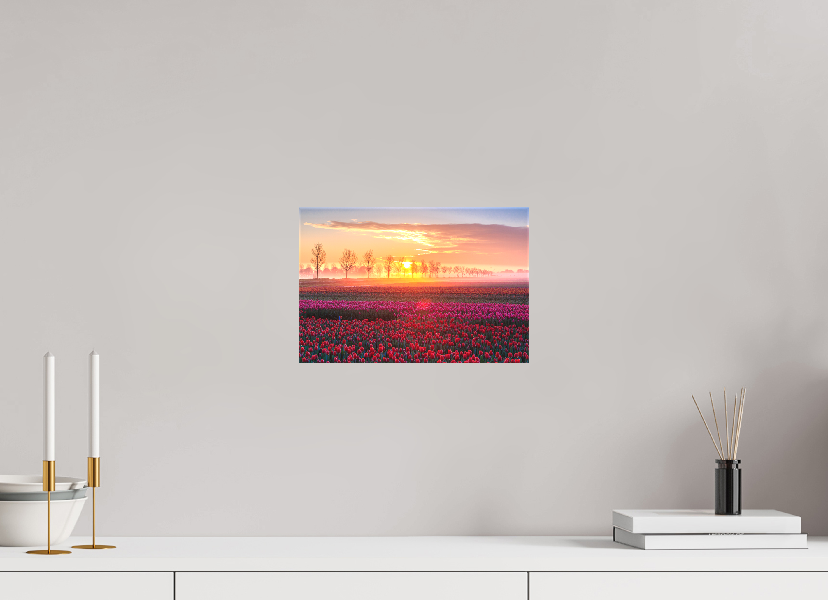 30 x 20 cm, Foto-Leinwand matt Sonnenaufgang über dem Tulpfenfeld