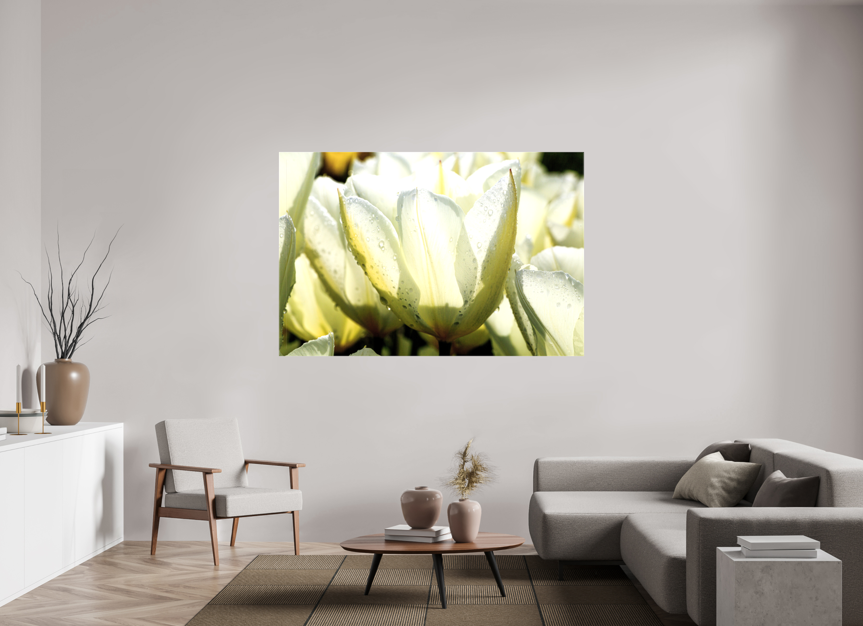 180 x 120 cm, Foto Leinwand glänzend Morgentau auf Tulpen-Blütenblättern