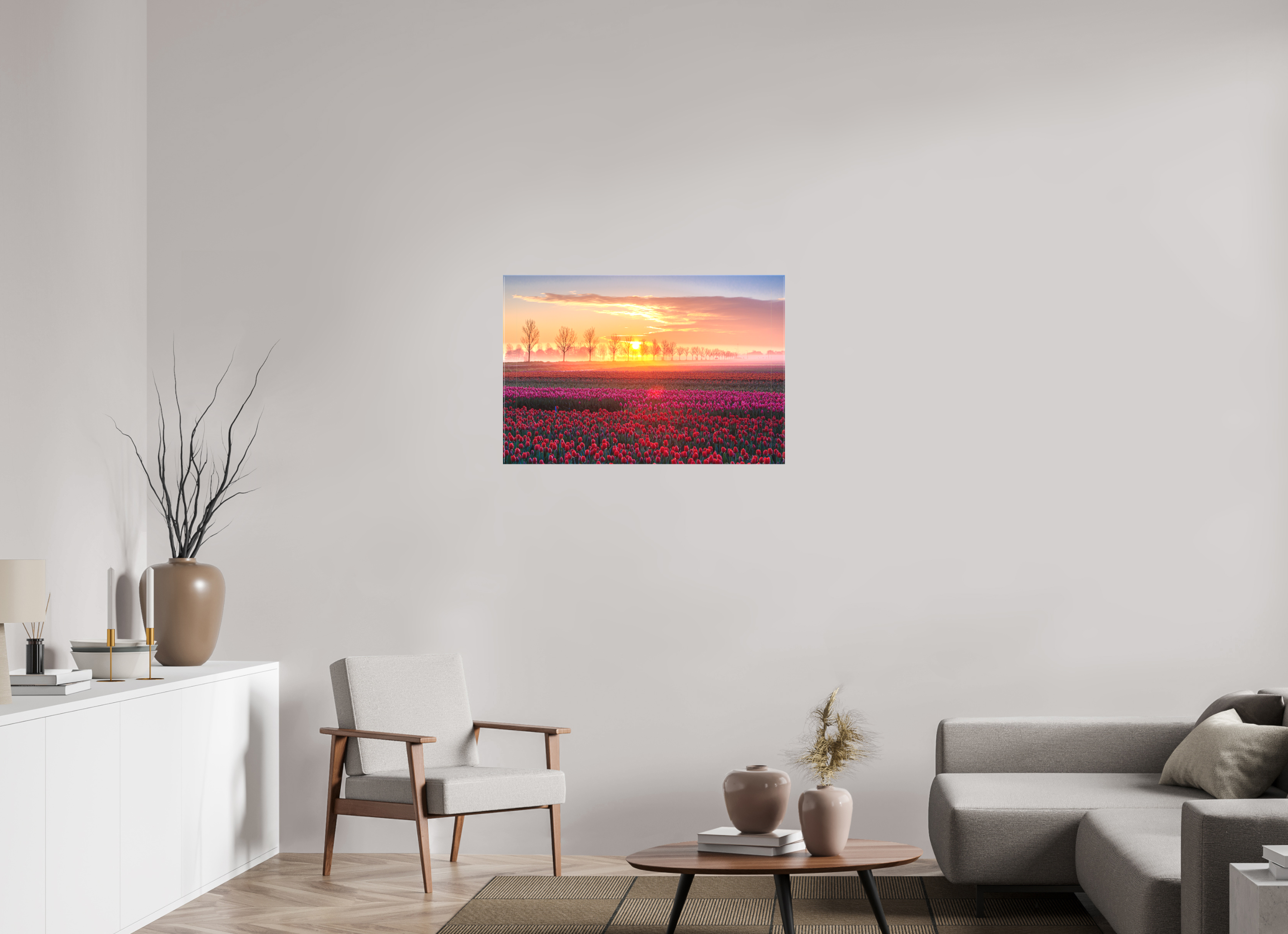 90 x 60 cm, Foto-Leinwand matt Sonnenaufgang über dem Tulpfenfeld