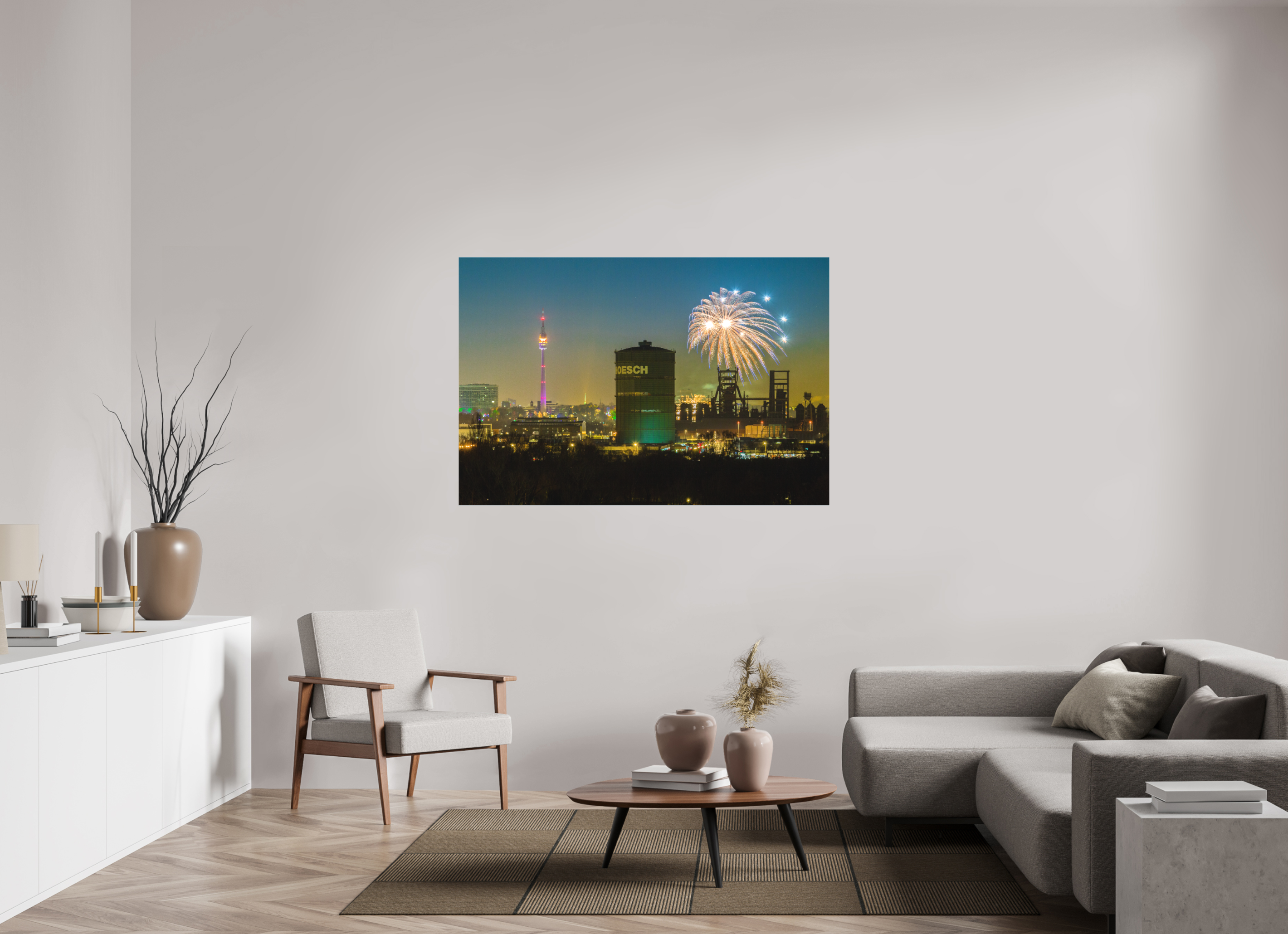 150 x 100 cm, Foto-Leinwand matt Feuerwerk an der Dortmunder Skyline