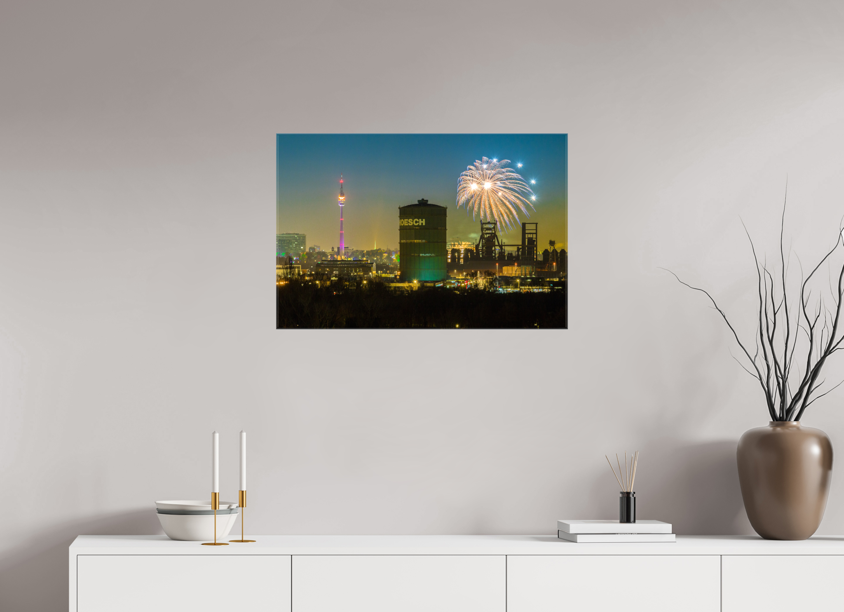 75 x 50 cm, Foto Leinwand glänzend Feuerwerk an der Dortmunder Skyline