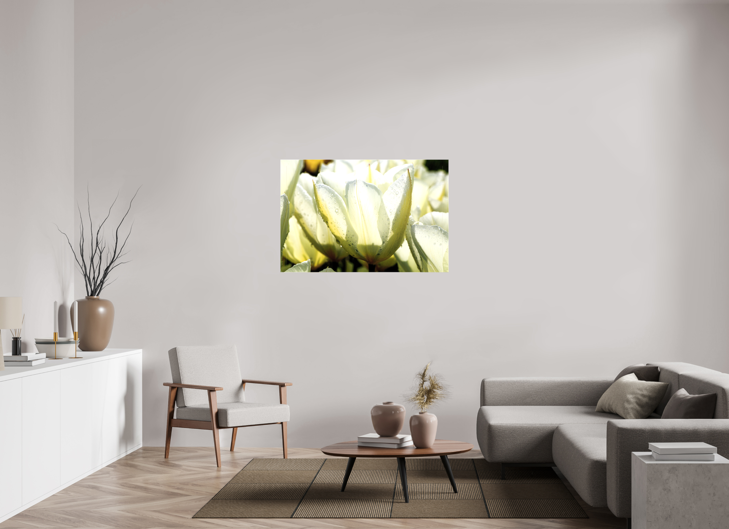 120 x 80 cm, Foto Leinwand glänzend Morgentau auf Tulpen-Blütenblättern