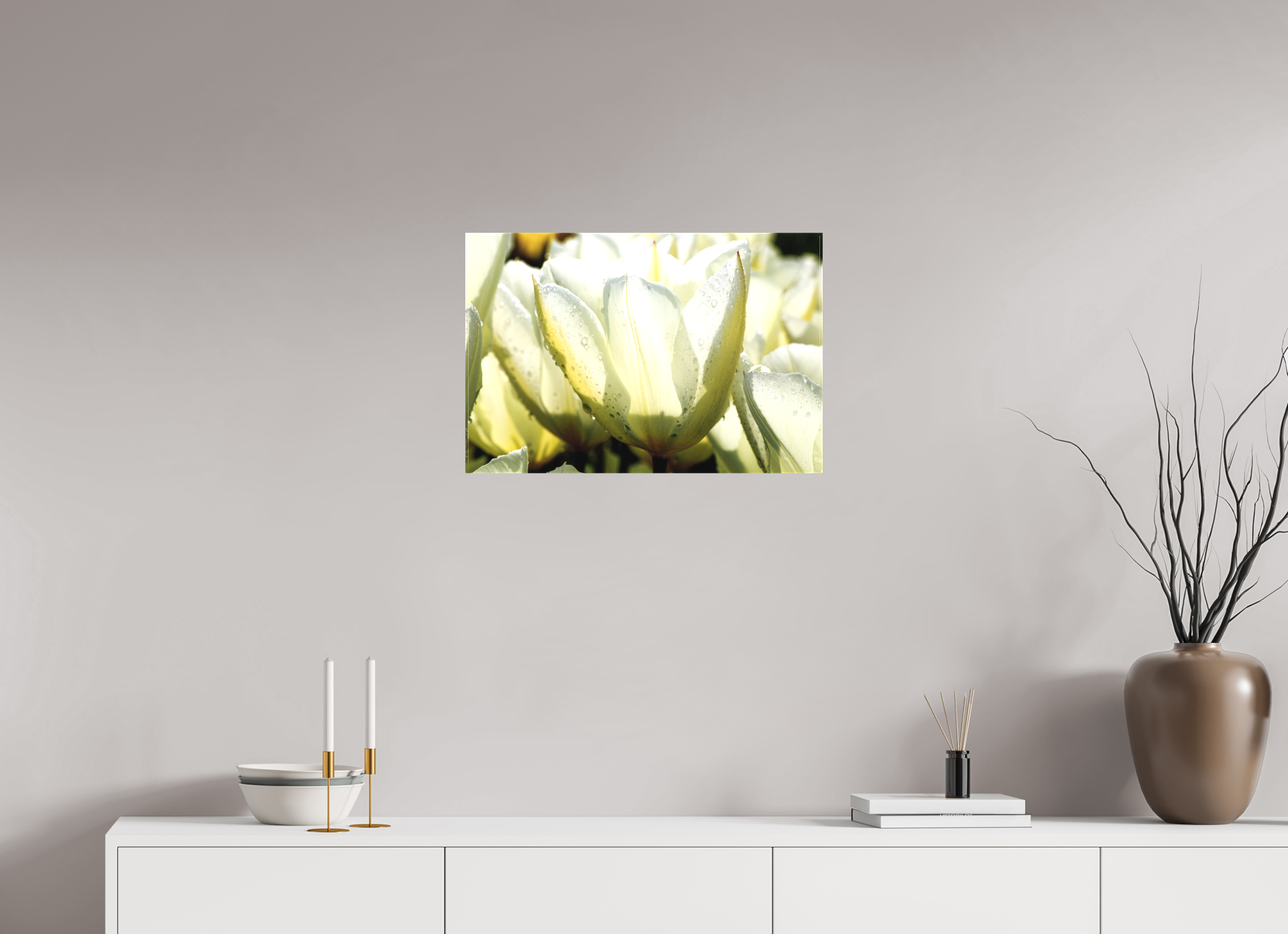 60 x 40 cm, Foto-Leinwand matt Morgentau auf Tulpen-Blütenblättern