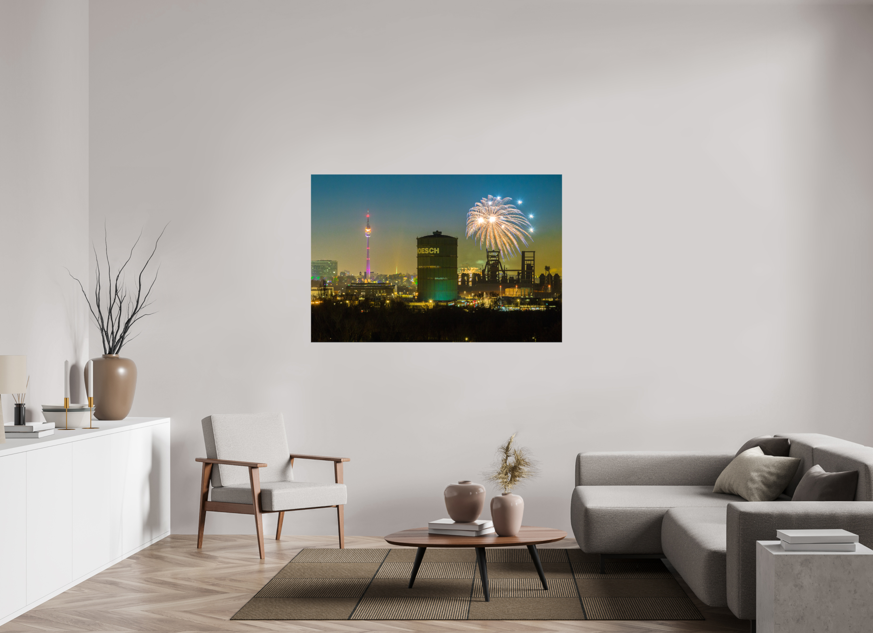 150 x 100 cm, Foto Leinwand glänzend Feuerwerk an der Dortmunder Skyline