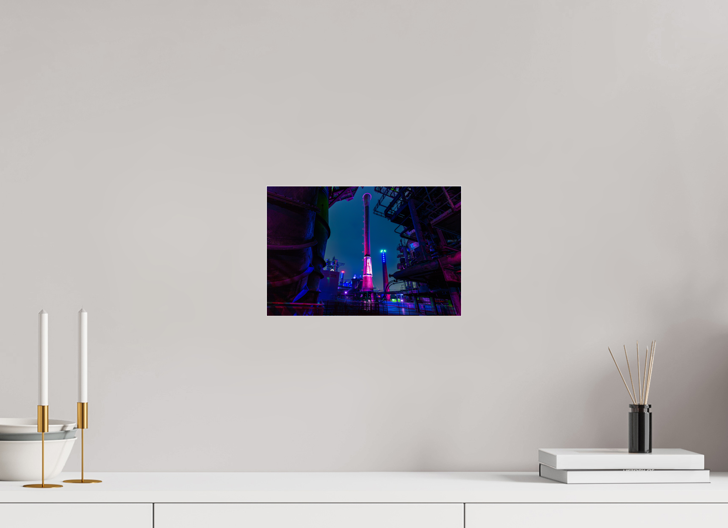 30 x 20 cm, Acrylglas 4 mm glänzend Illuminierter Schornstein im Landschaftspark Duisburg