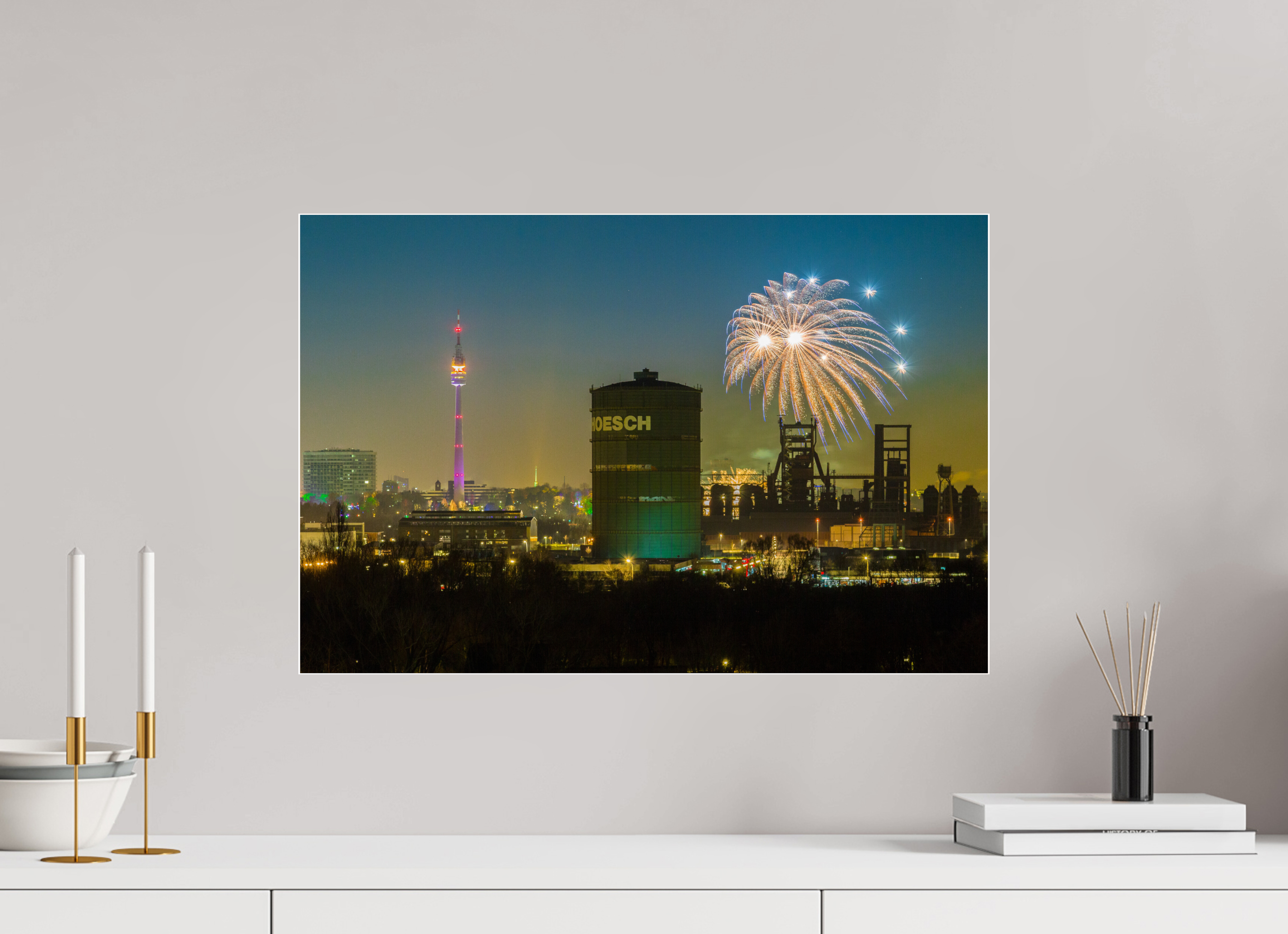 60 x 40 cm, Acrylglas 4 mm glänzend Feuerwerk an der Dortmunder Skyline