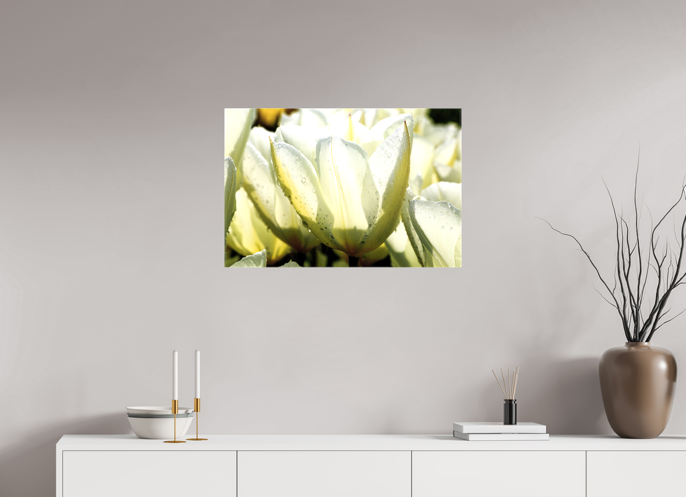 75 x 50 cm, Foto Leinwand glänzend Morgentau auf Tulpen-Blütenblättern