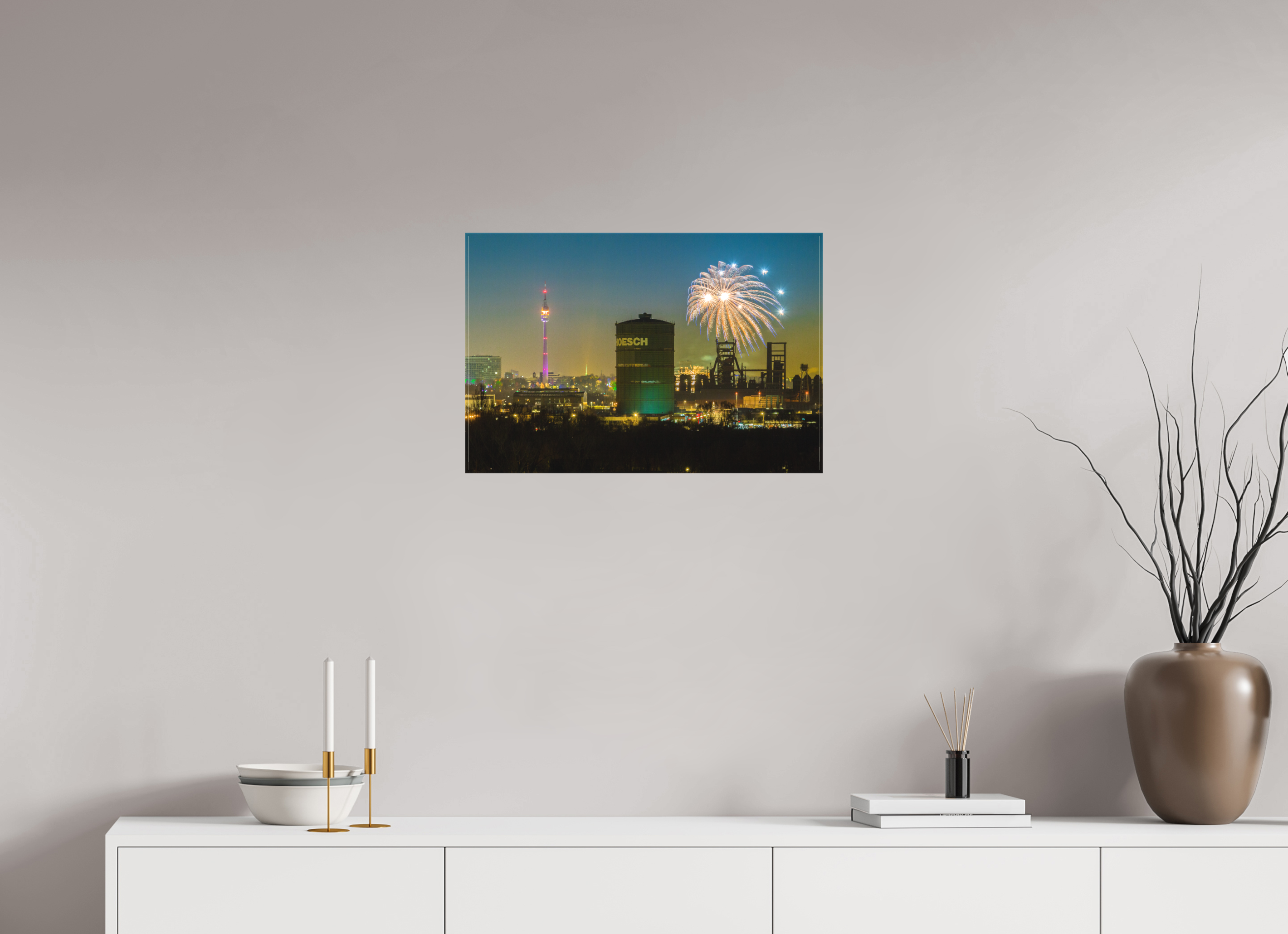 60 x 40 cm, Foto-Leinwand matt Feuerwerk an der Dortmunder Skyline