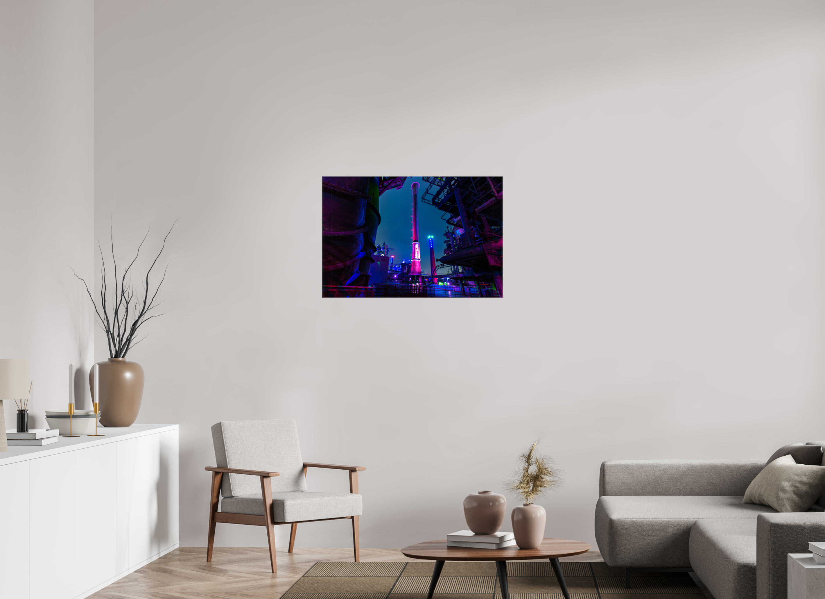 90 x 60 cm, Foto Leinwand glänzend Illuminierter Schornstein im Landschaftspark Duisburg