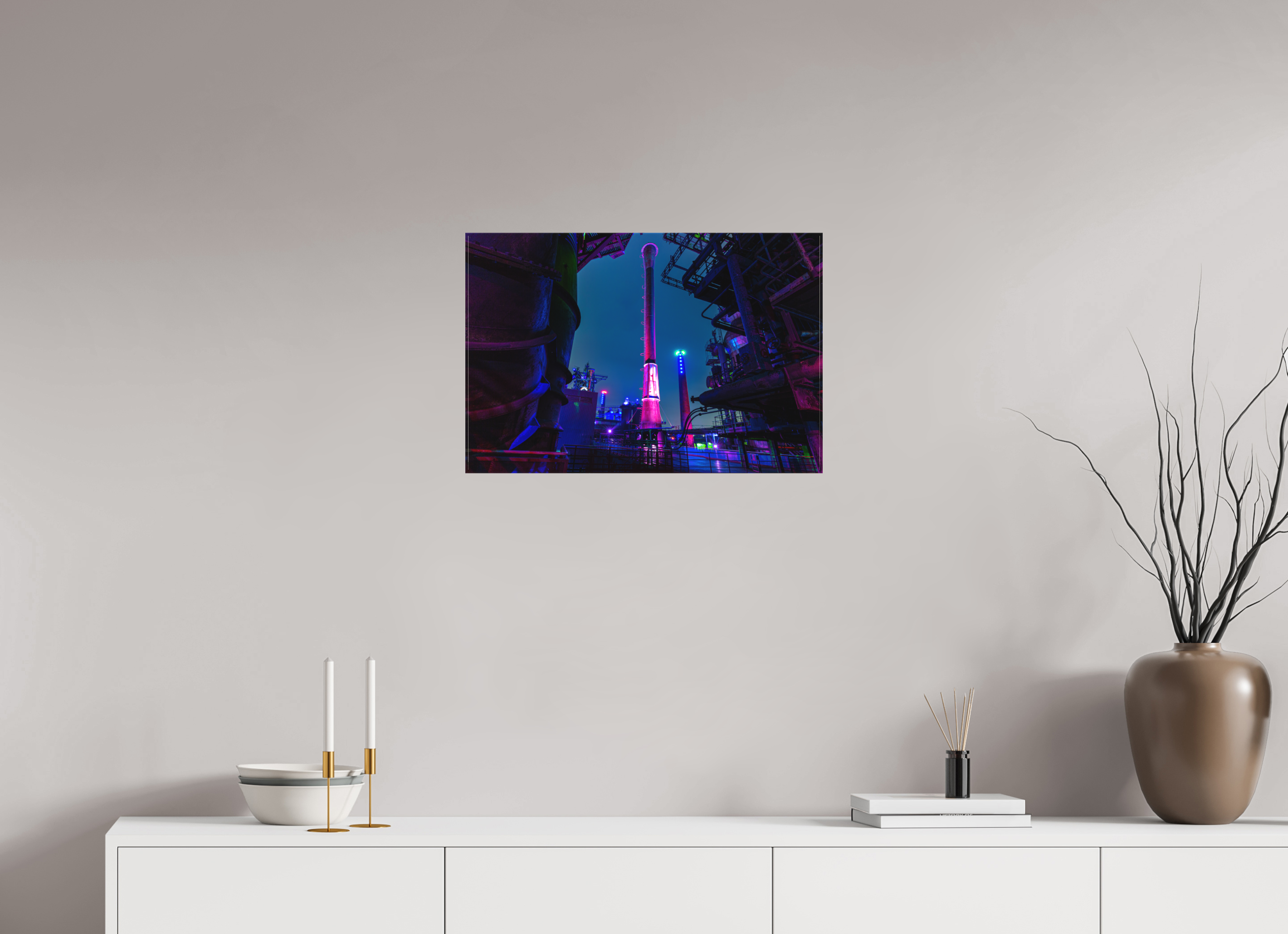 60 x 40 cm, Foto-Leinwand matt Illuminierter Schornstein im Landschaftspark Duisburg