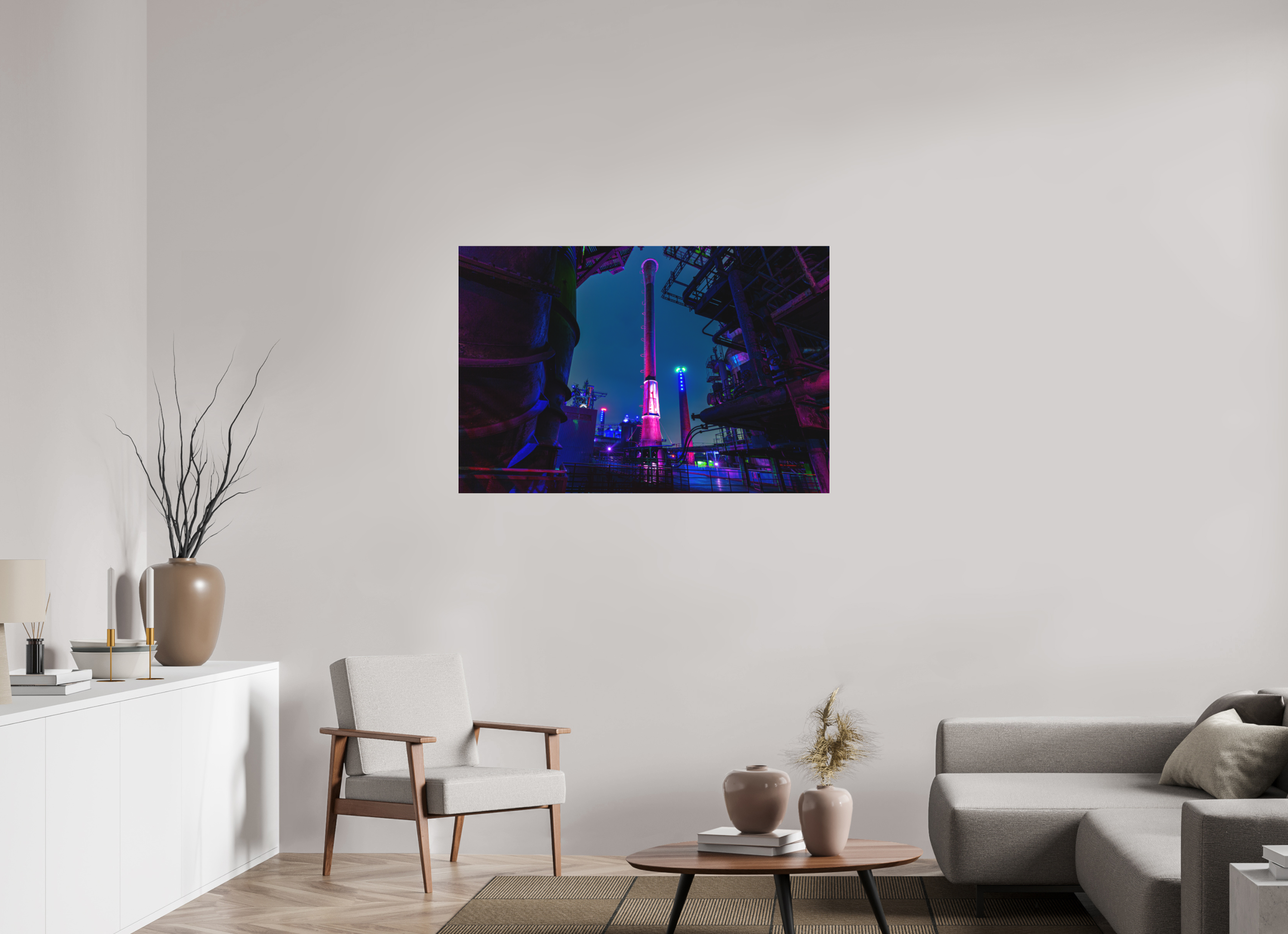 120 x 80 cm, Foto-Abzug hinter Acrylglas 3 mm matt Illuminierter Schornstein im Landschaftspark Duisburg