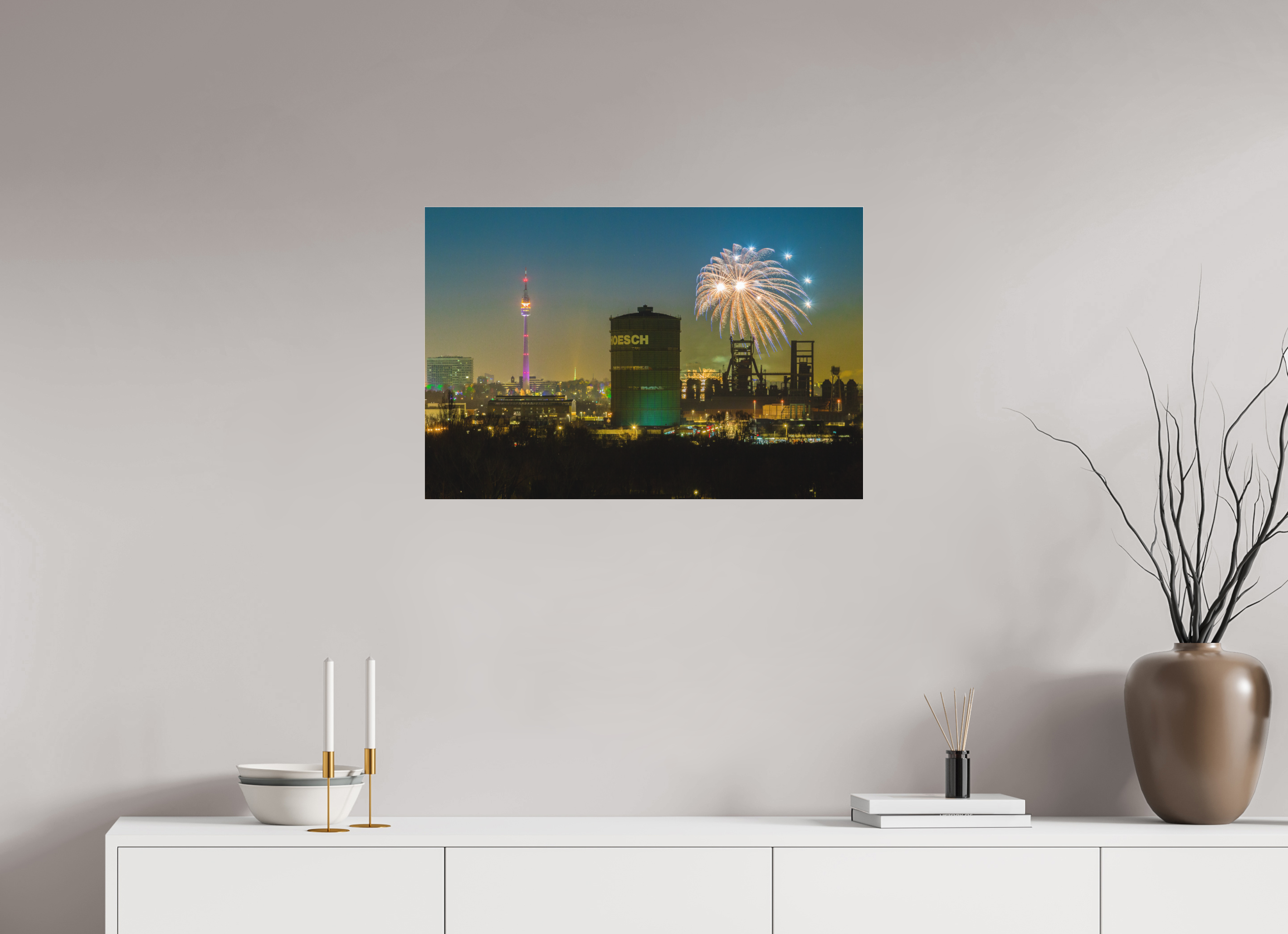 75 x 50 cm, Foto-Abzug hinter Acrylglas matt Feuerwerk an der Dortmunder Skyline