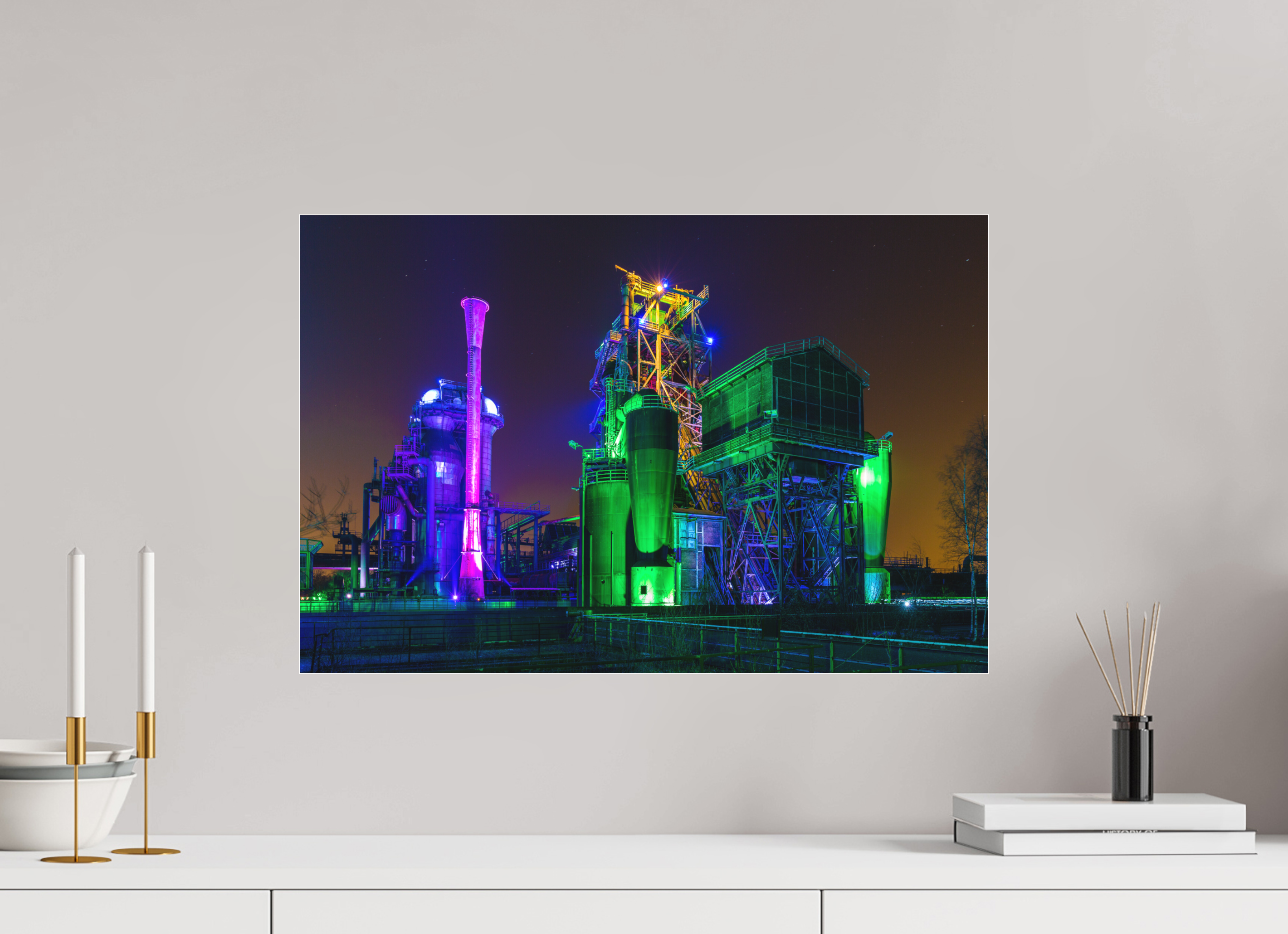 60 x 40 cm, Foto-Abzug hinter Acrylglas 3 mm matt Illuminierter Landschaftspark Duisburg