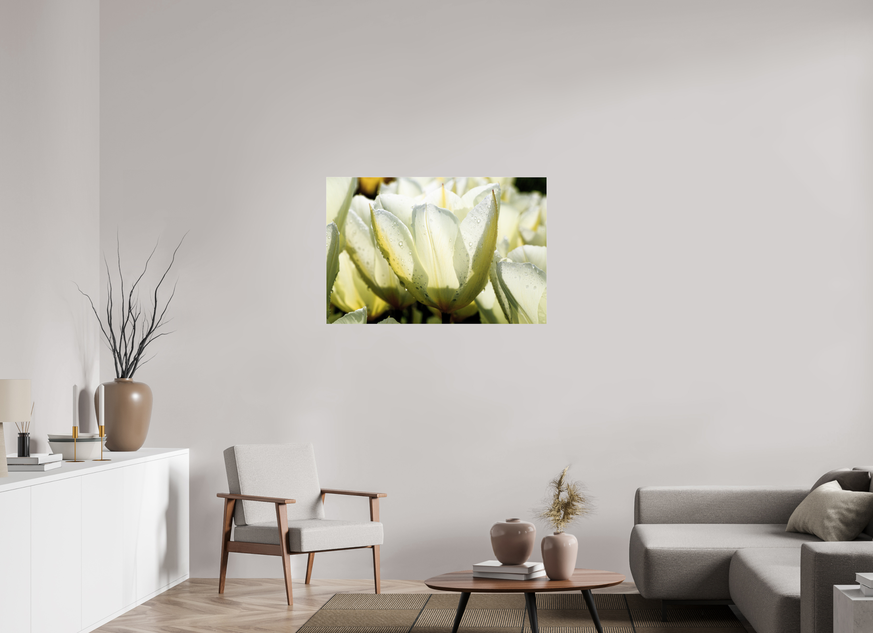 105 x 70 cm, Photo Print Under Acrylic Glass Morgentau auf Tulpen-Blütenblättern