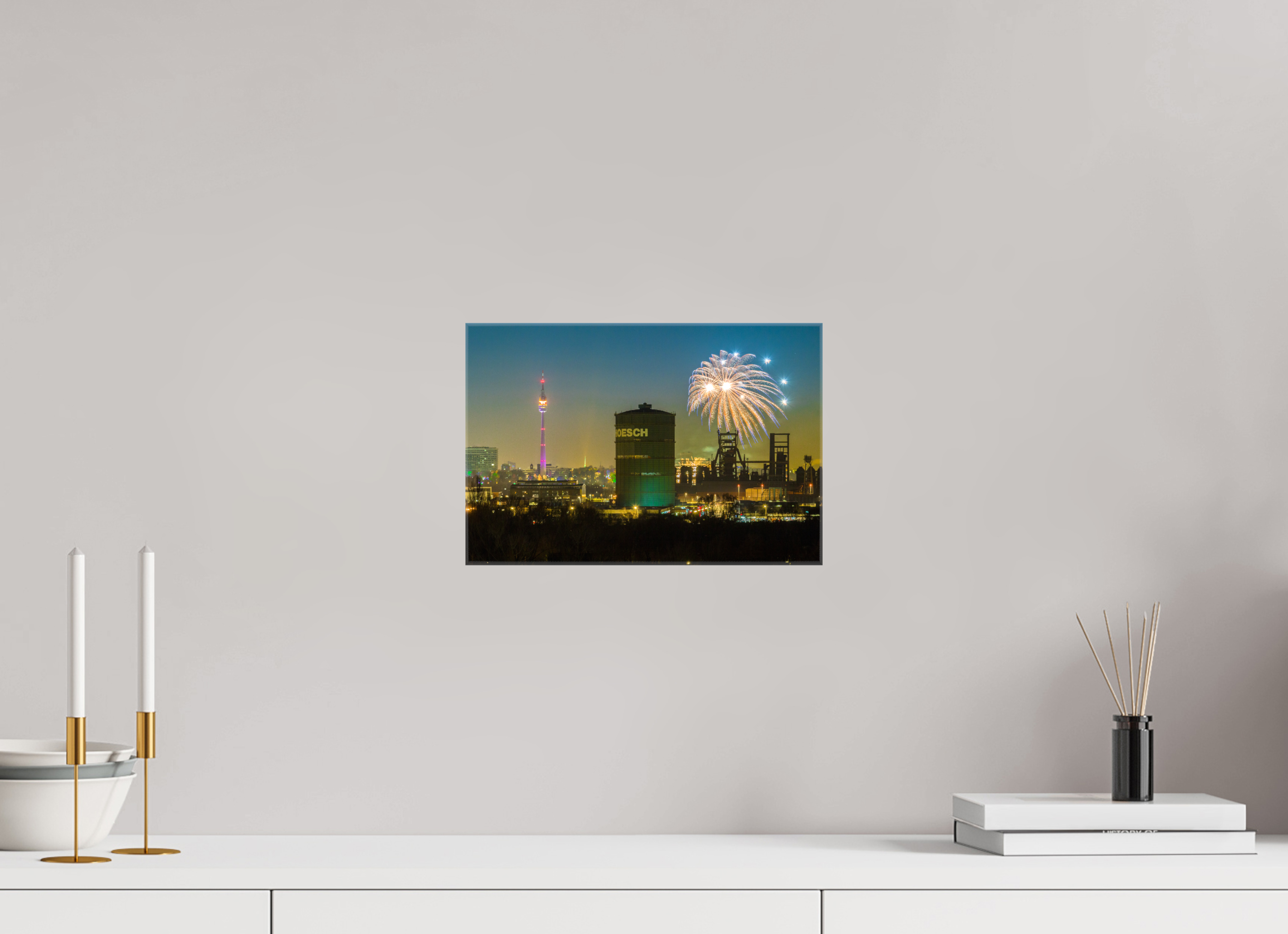 30 x 20 cm, Foto Leinwand glänzend Feuerwerk an der Dortmunder Skyline