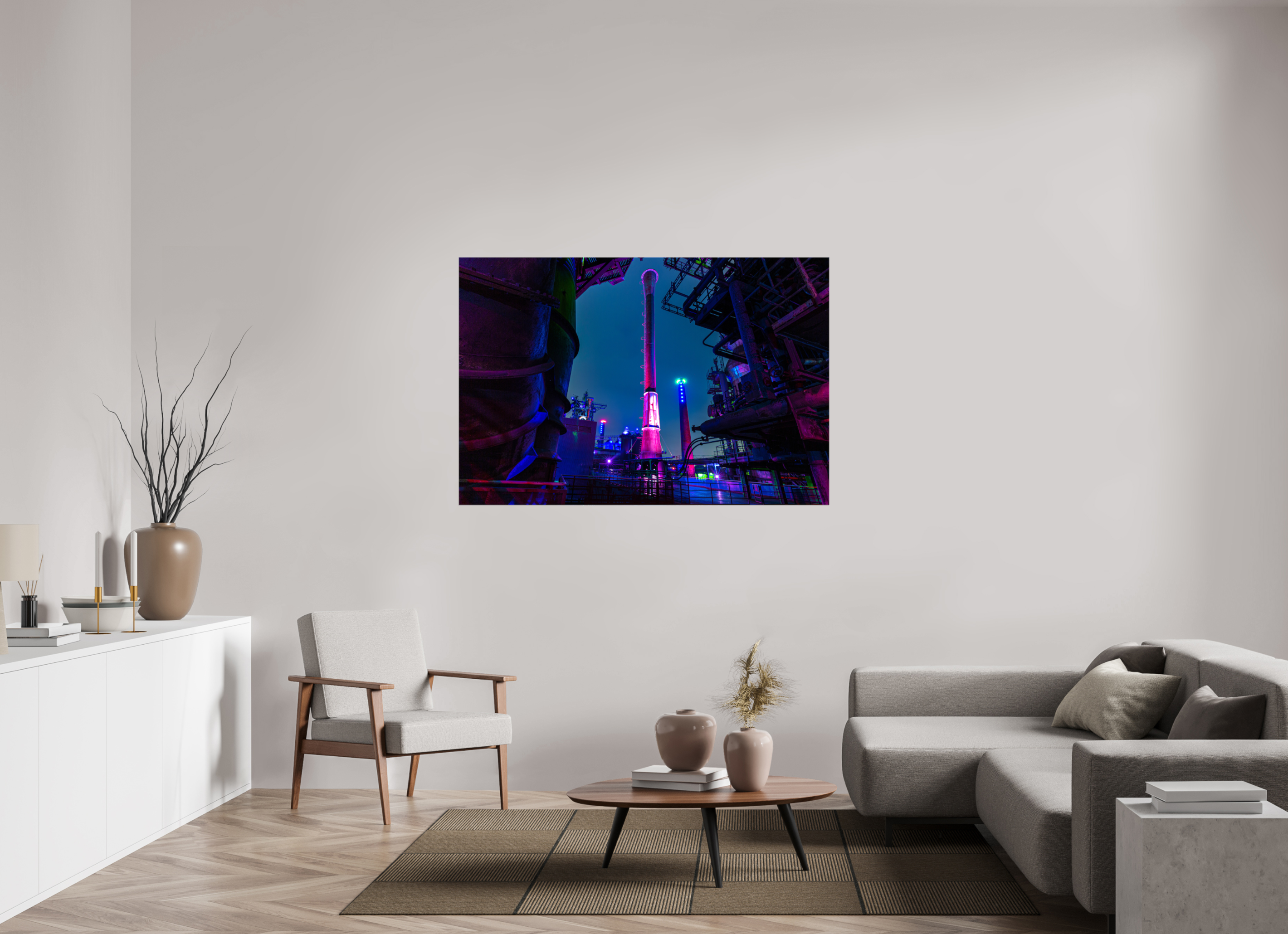 150 x 100 cm, Foto Leinwand glänzend Illuminierter Schornstein im Landschaftspark Duisburg