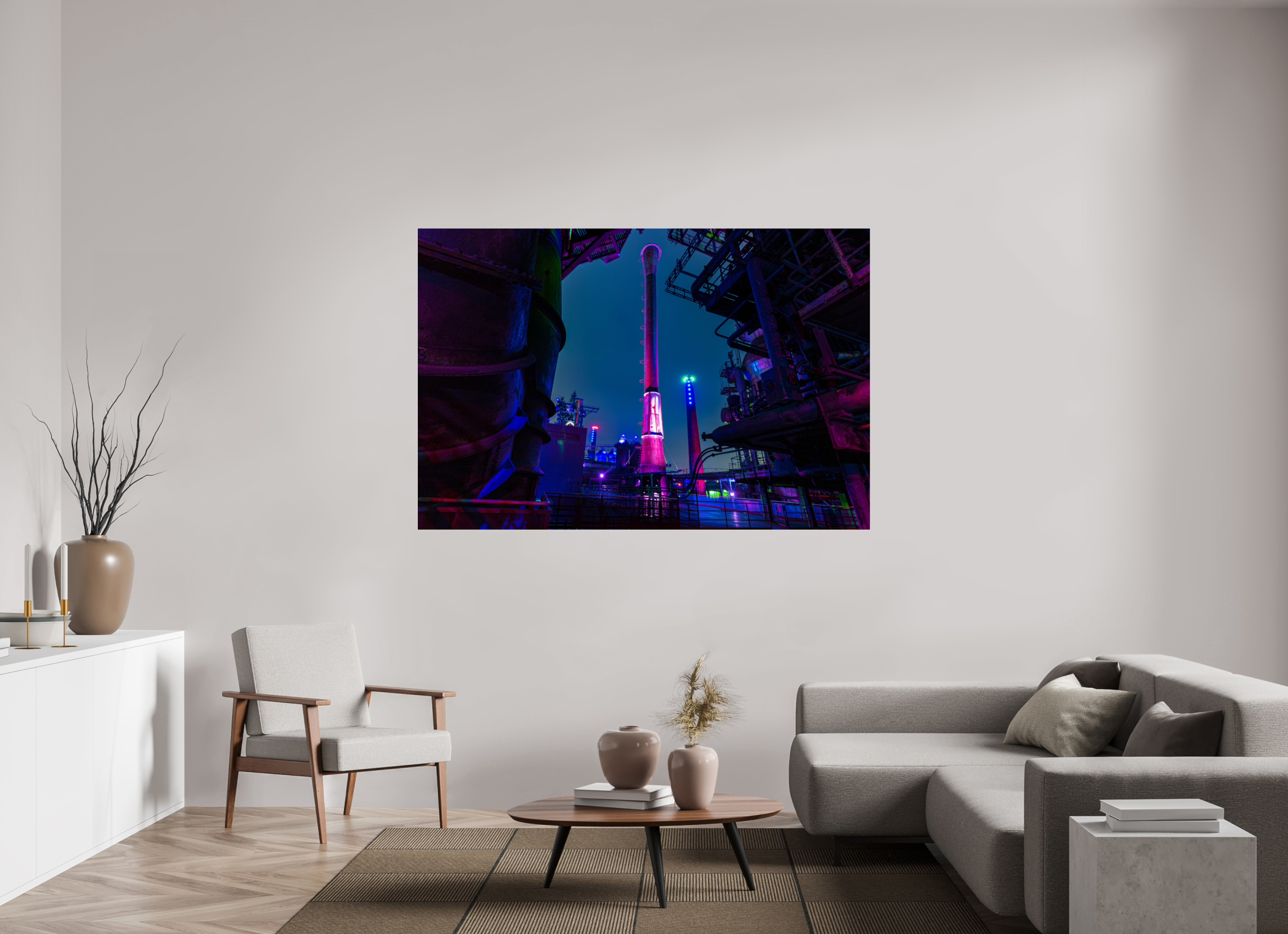 180 x 120 cm, Acrylglas 4 mm glänzend Illuminierter Schornstein im Landschaftspark Duisburg