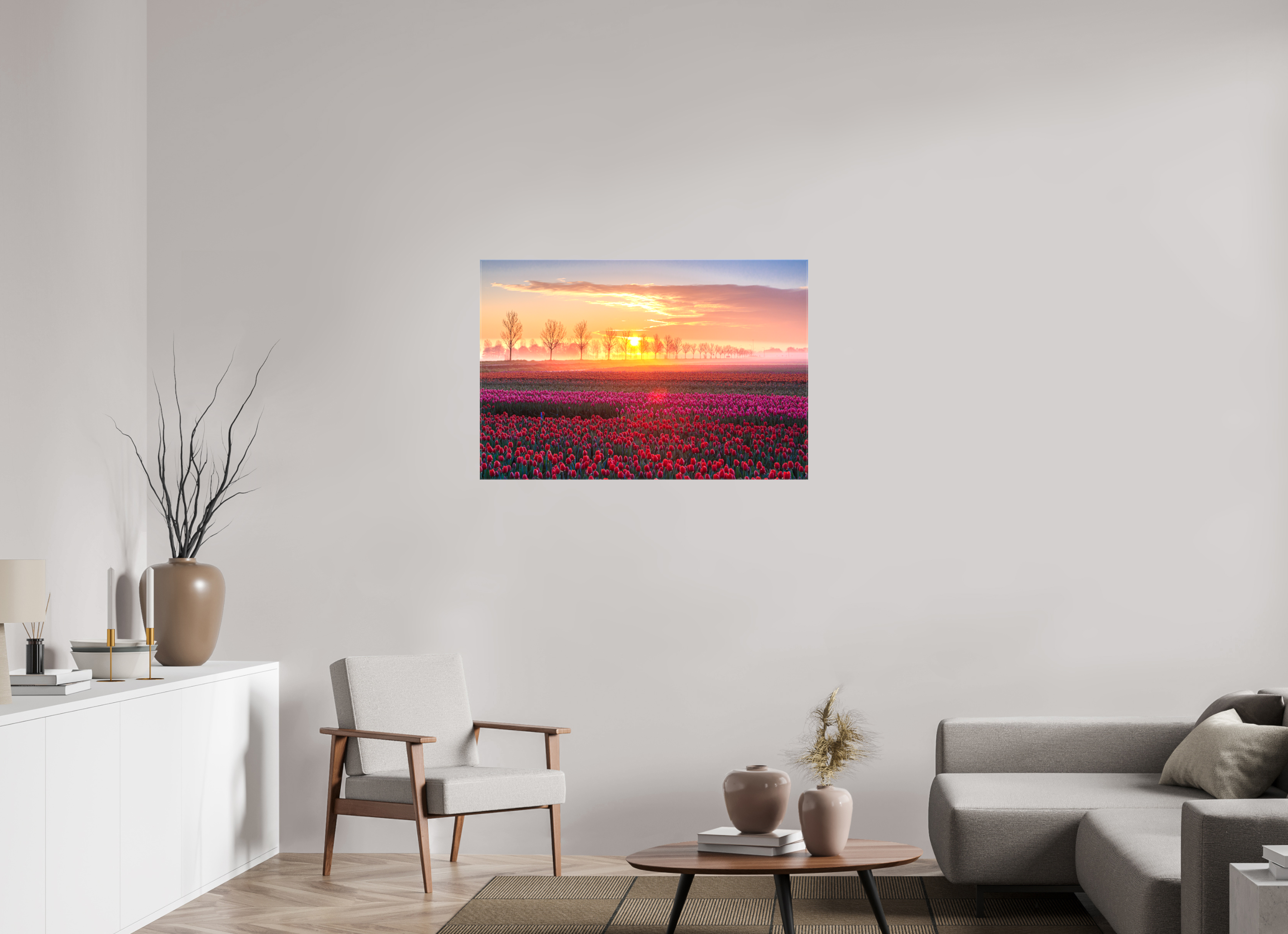 105 x 70 cm, Foto Leinwand glänzend Sonnenaufgang über dem Tulpfenfeld