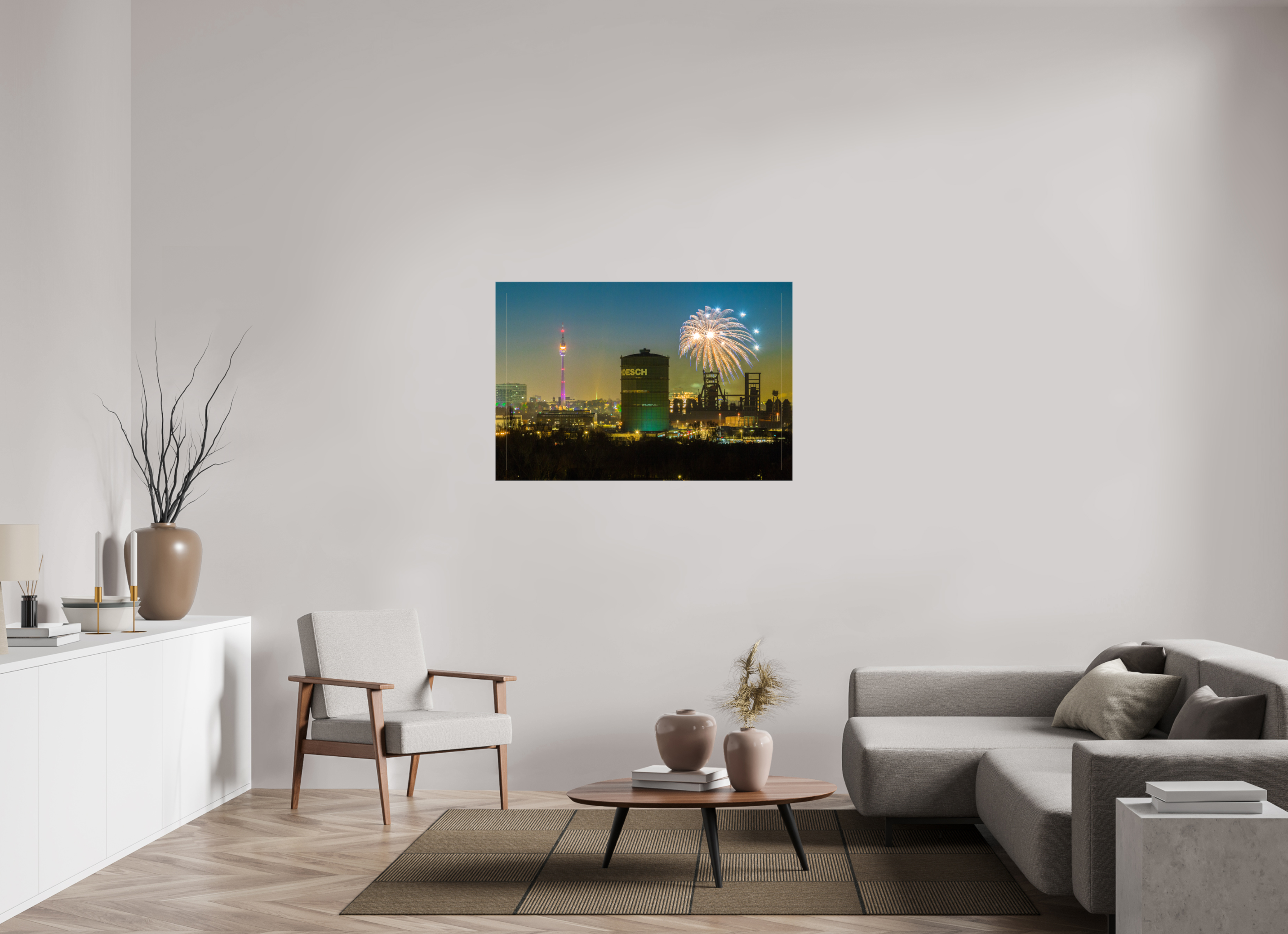 120 x 80 cm, Foto Leinwand glänzend Feuerwerk an der Dortmunder Skyline