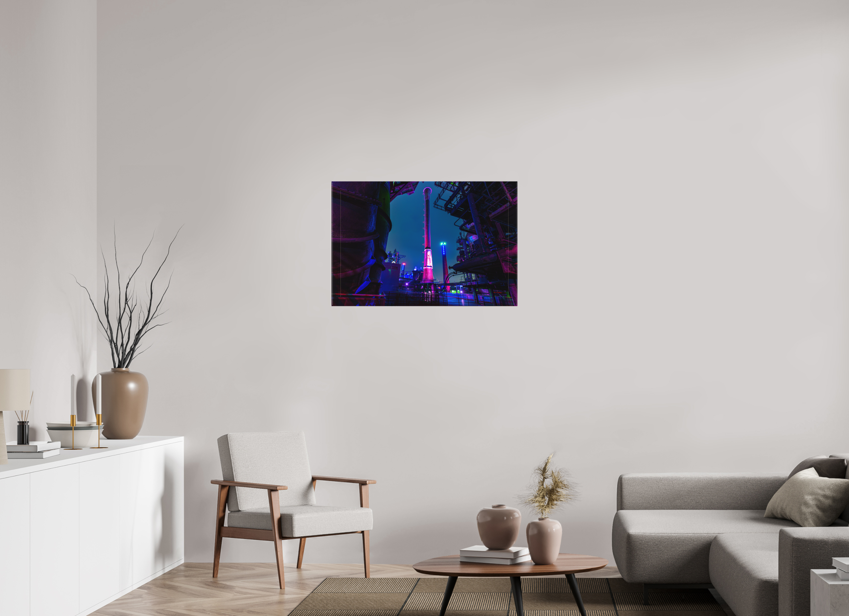 90 x 60 cm, Foto-Leinwand matt Illuminierter Schornstein im Landschaftspark Duisburg