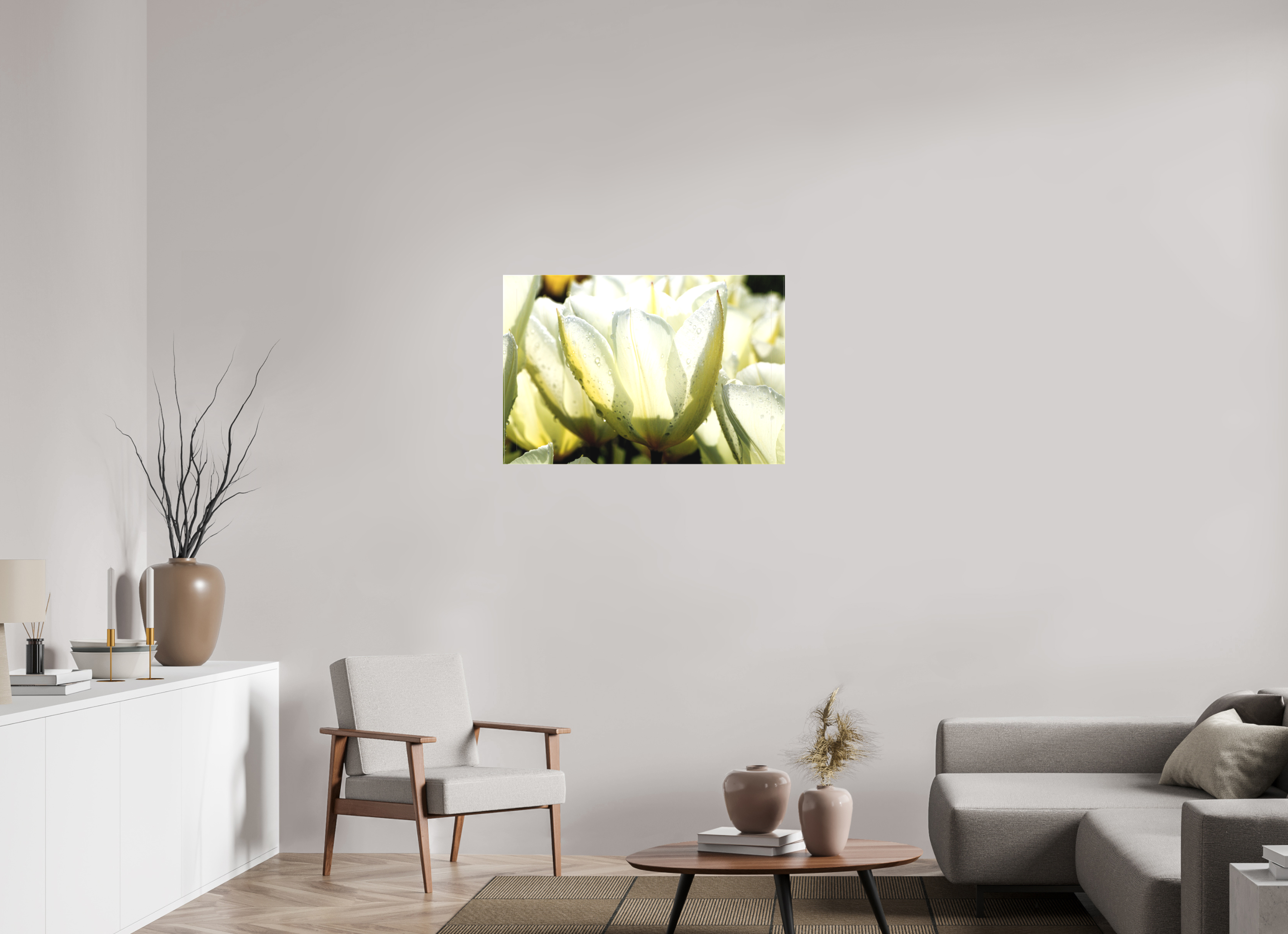 90 x 60 cm, Foto-Leinwand matt Morgentau auf Tulpen-Blütenblättern