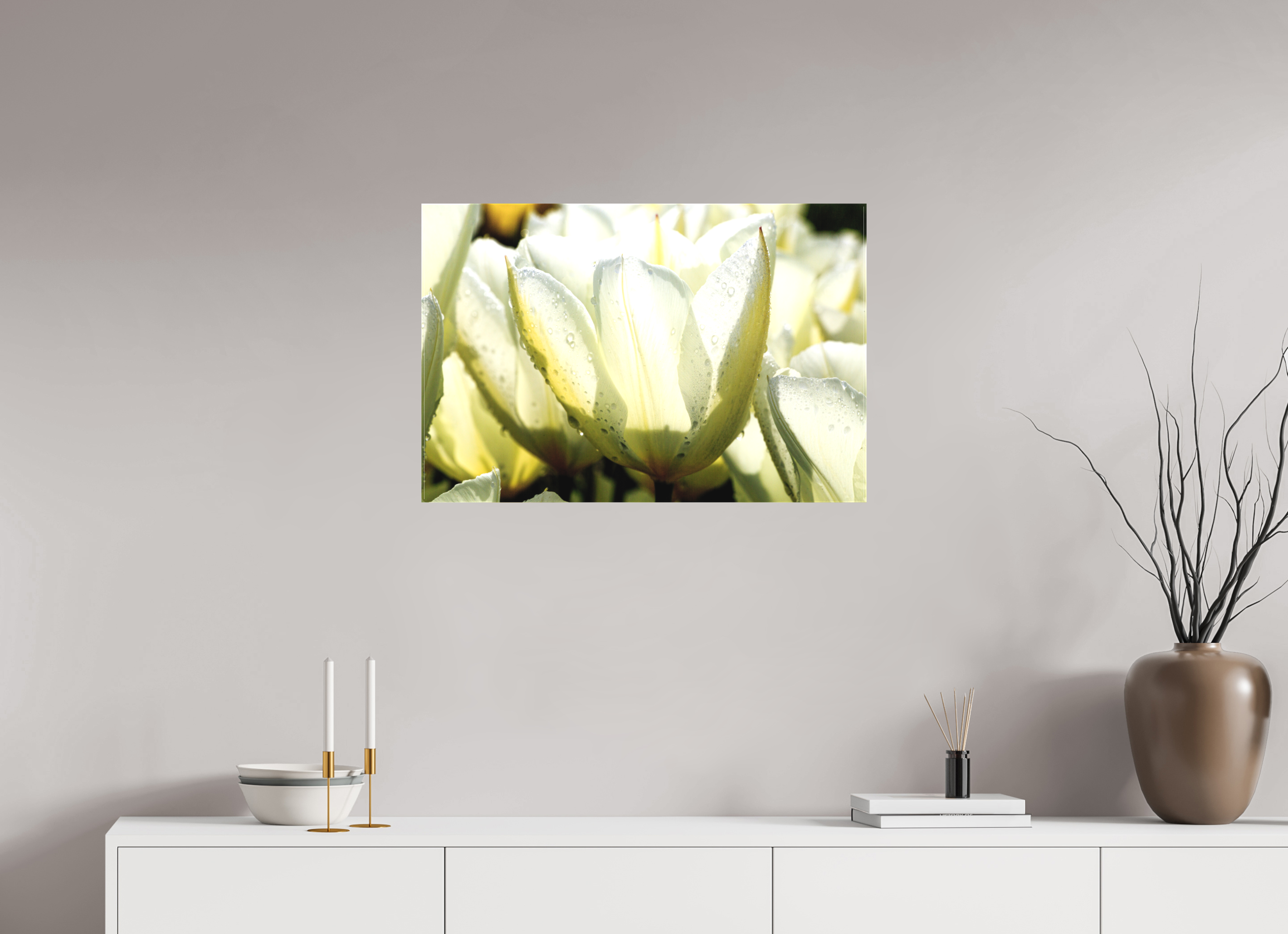 75 x 50 cm, Foto-Leinwand matt Morgentau auf Tulpen-Blütenblättern