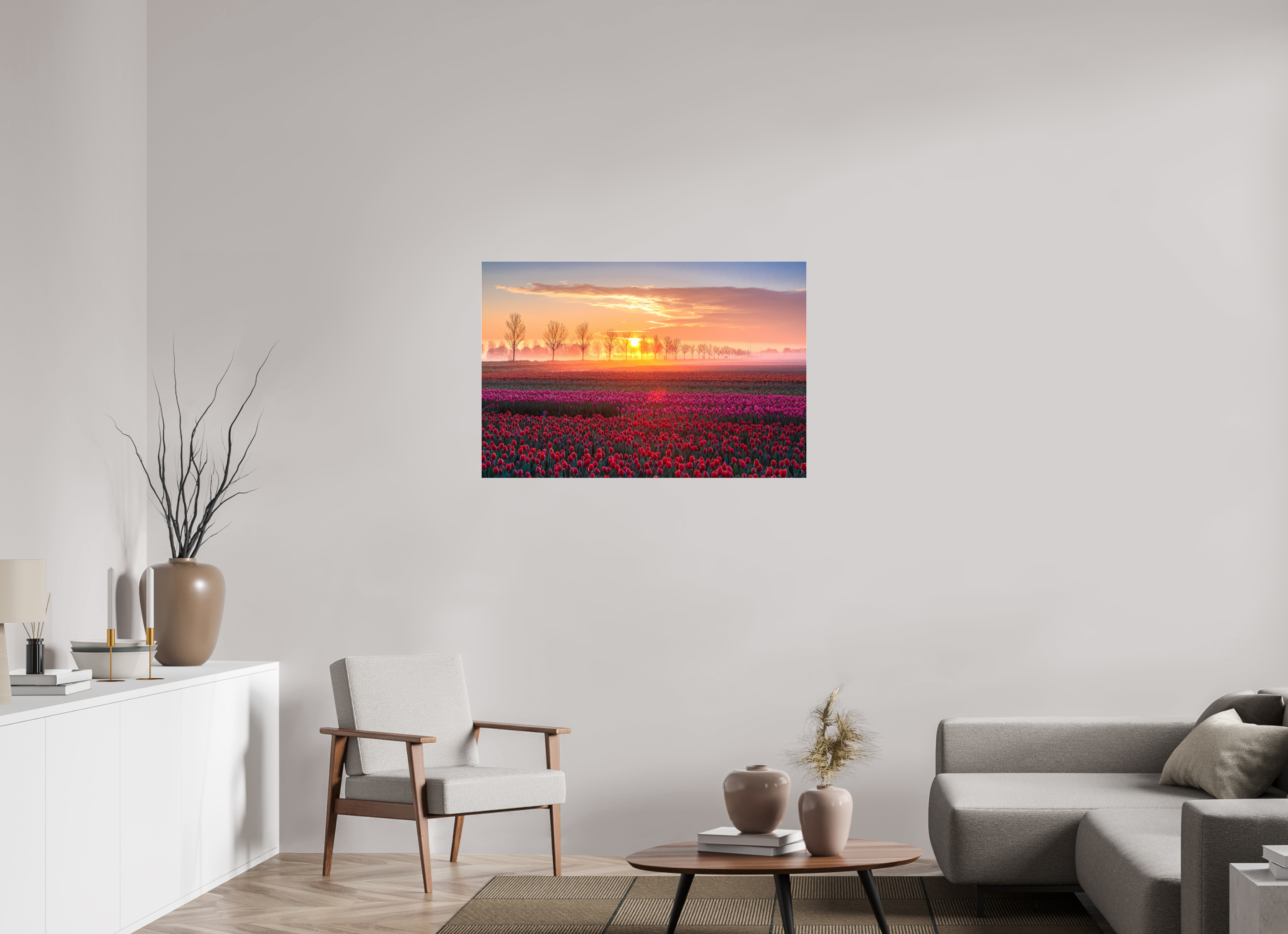 105 x 70 cm, Photo Print Under Acrylic Glass Sonnenaufgang über dem Tulpfenfeld