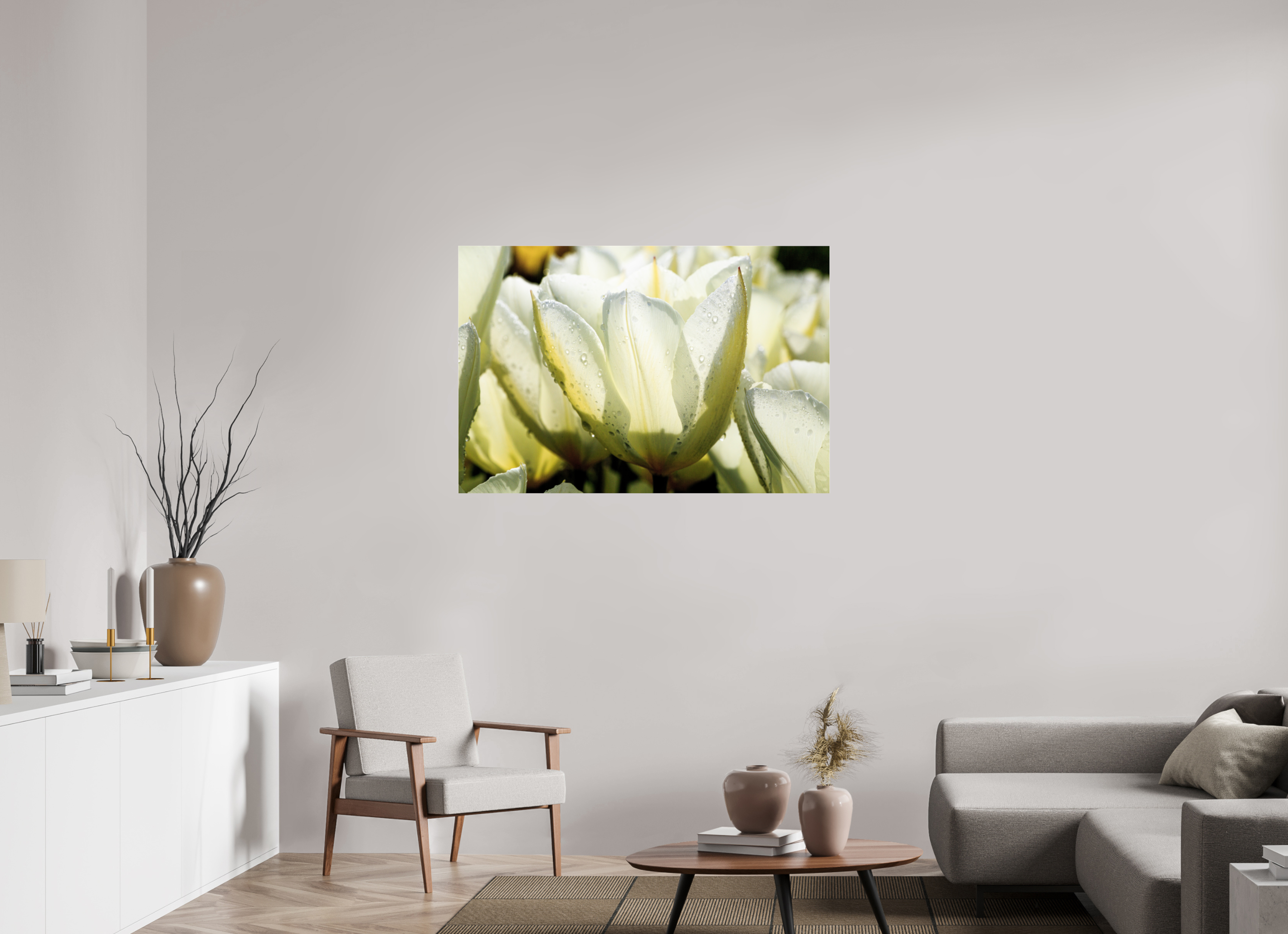 120 x 80 cm, Photo Print Under Acrylic Glass Morgentau auf Tulpen-Blütenblättern