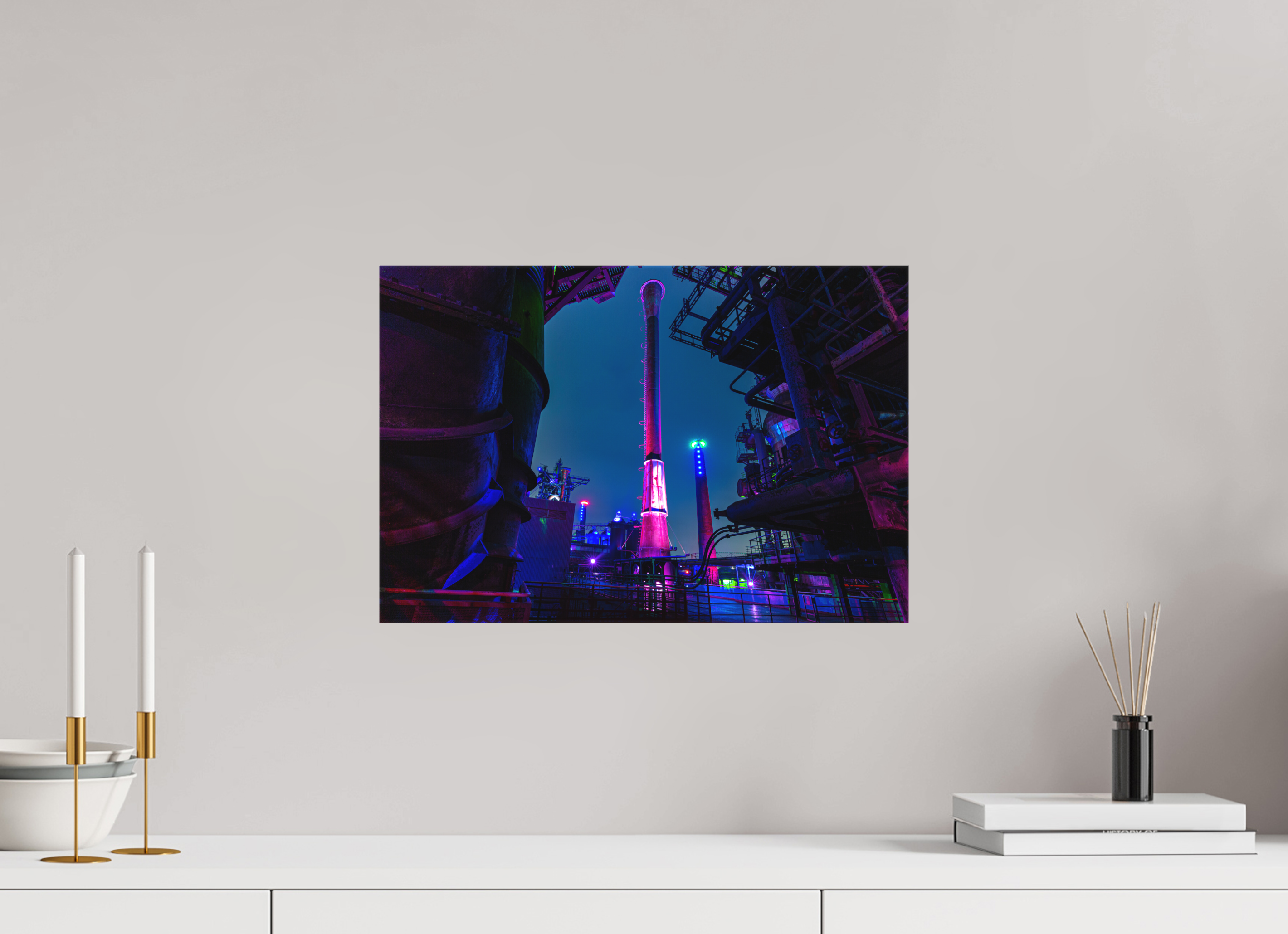 45 x 30 cm, Foto-Leinwand matt Illuminierter Schornstein im Landschaftspark Duisburg