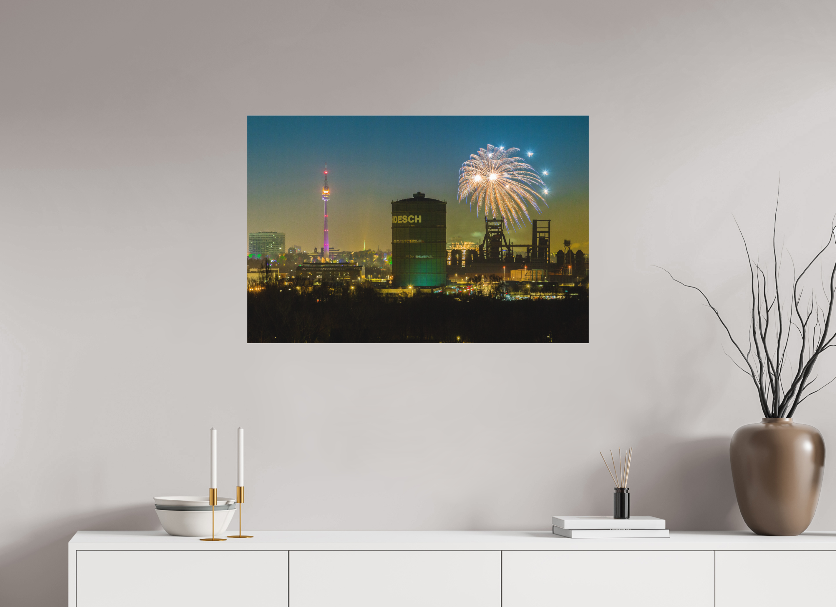 90 x 60 cm, Foto-Abzug hinter Acrylglas matt Feuerwerk an der Dortmunder Skyline