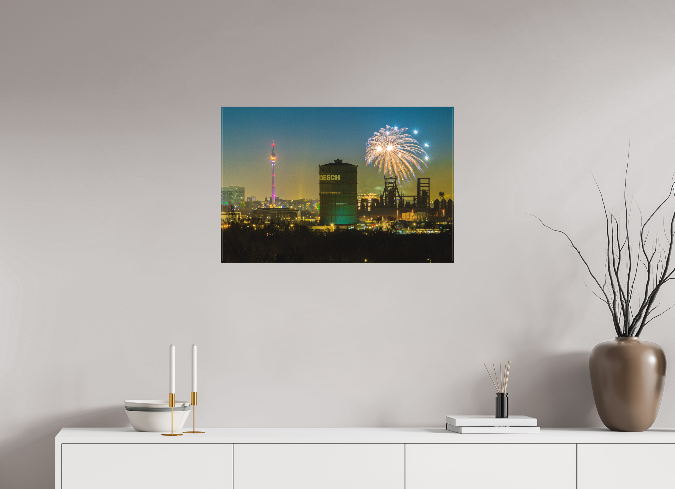 75 x 50 cm, Foto-Leinwand matt Feuerwerk an der Dortmunder Skyline