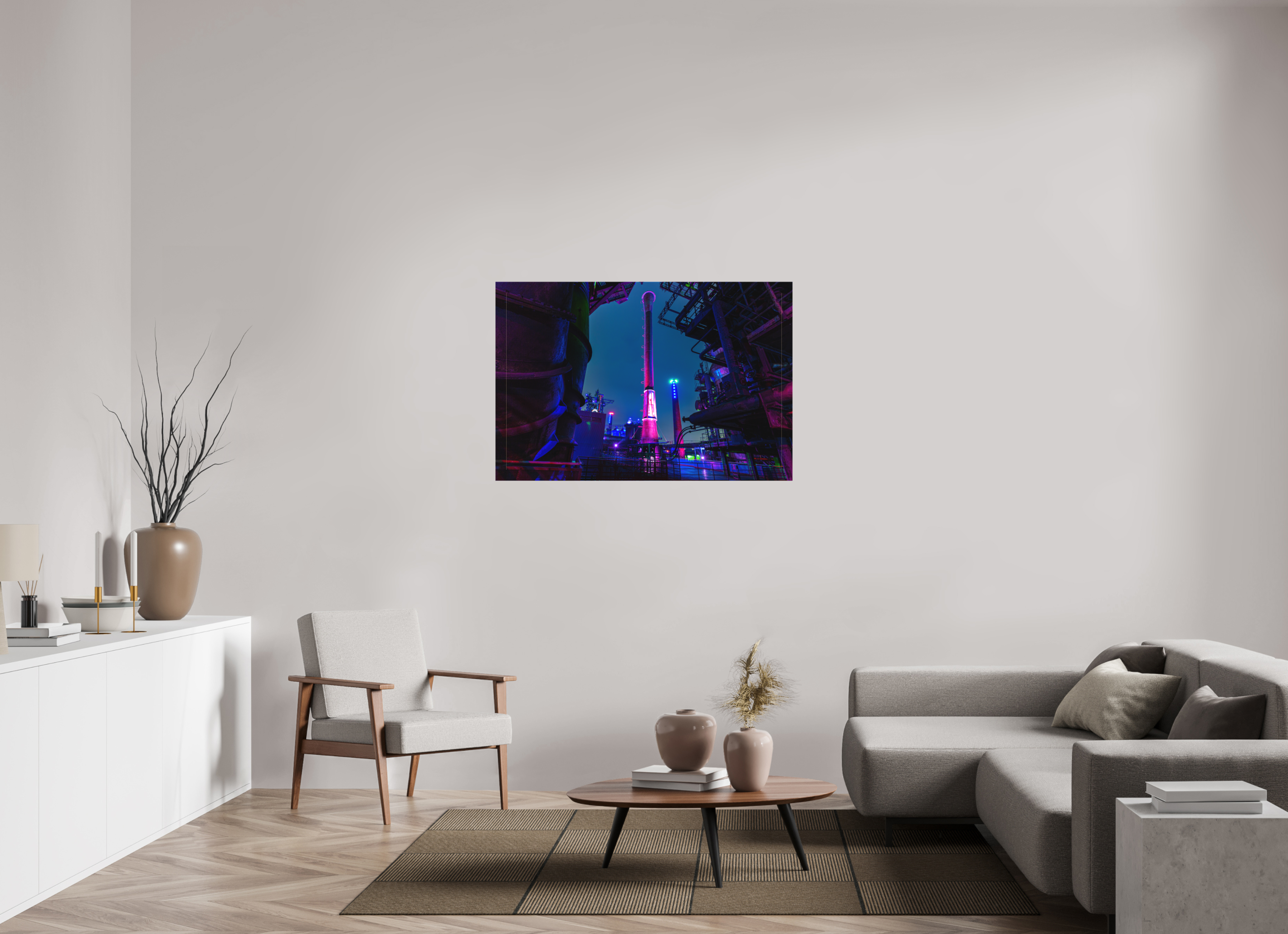 120 x 80 cm, Foto-Leinwand matt Illuminierter Schornstein im Landschaftspark Duisburg