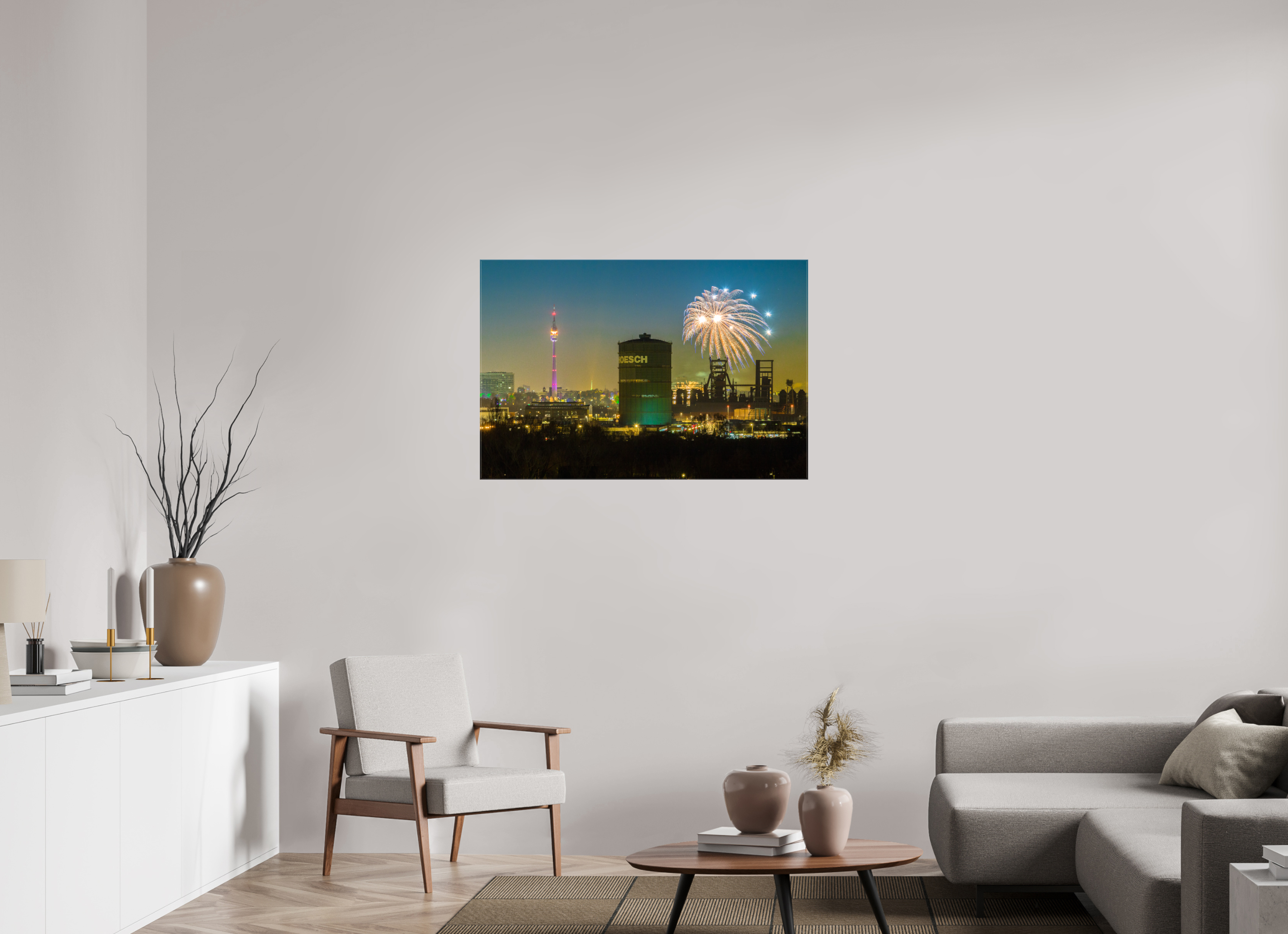 105 x 70 cm, Foto Leinwand glänzend Feuerwerk an der Dortmunder Skyline