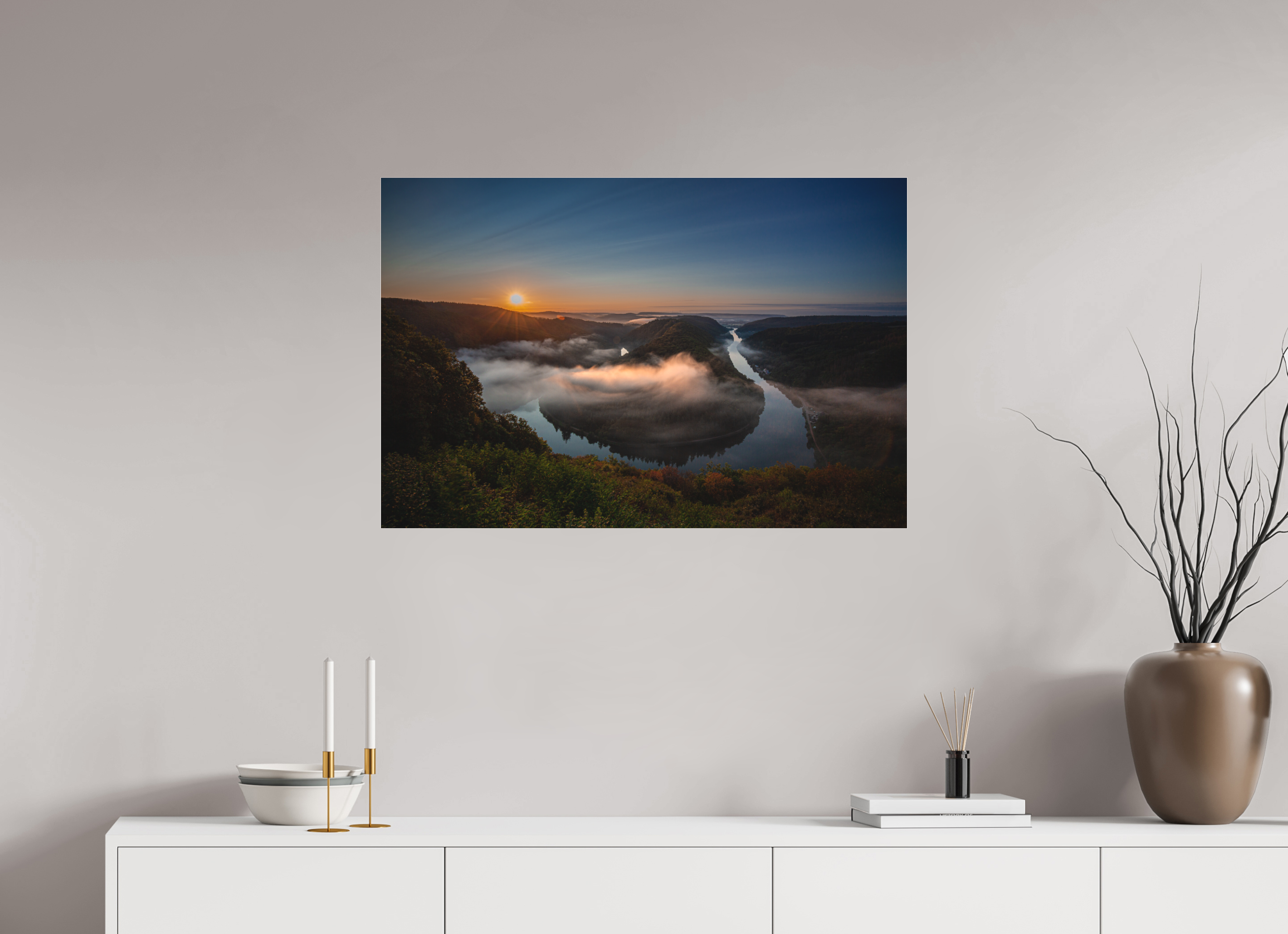 90 x 60 cm, Foto-Abzug hinter Acrylglas 3 mm matt Sonnenaufgang an der Saarschleife