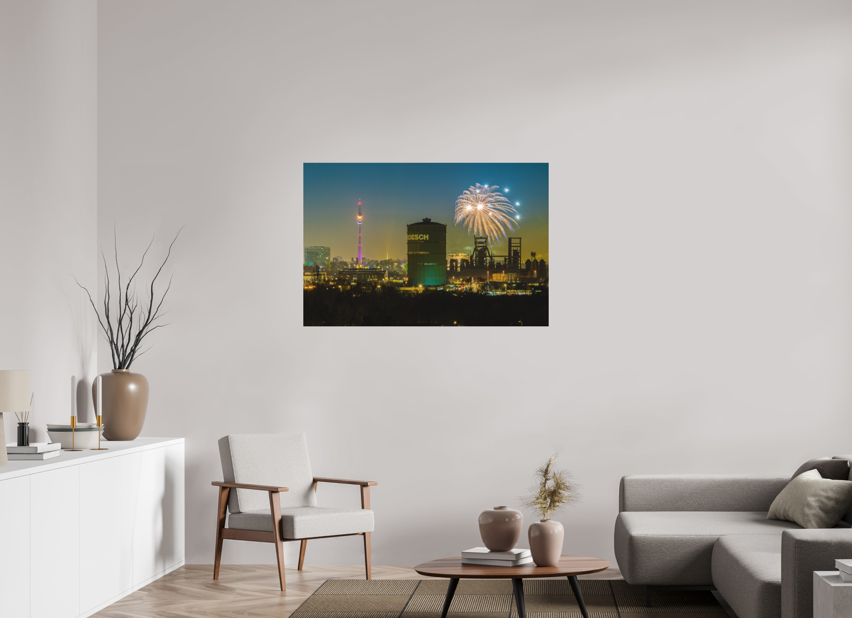 120 x 80 cm, Foto-Abzug hinter Acrylglas matt Feuerwerk an der Dortmunder Skyline