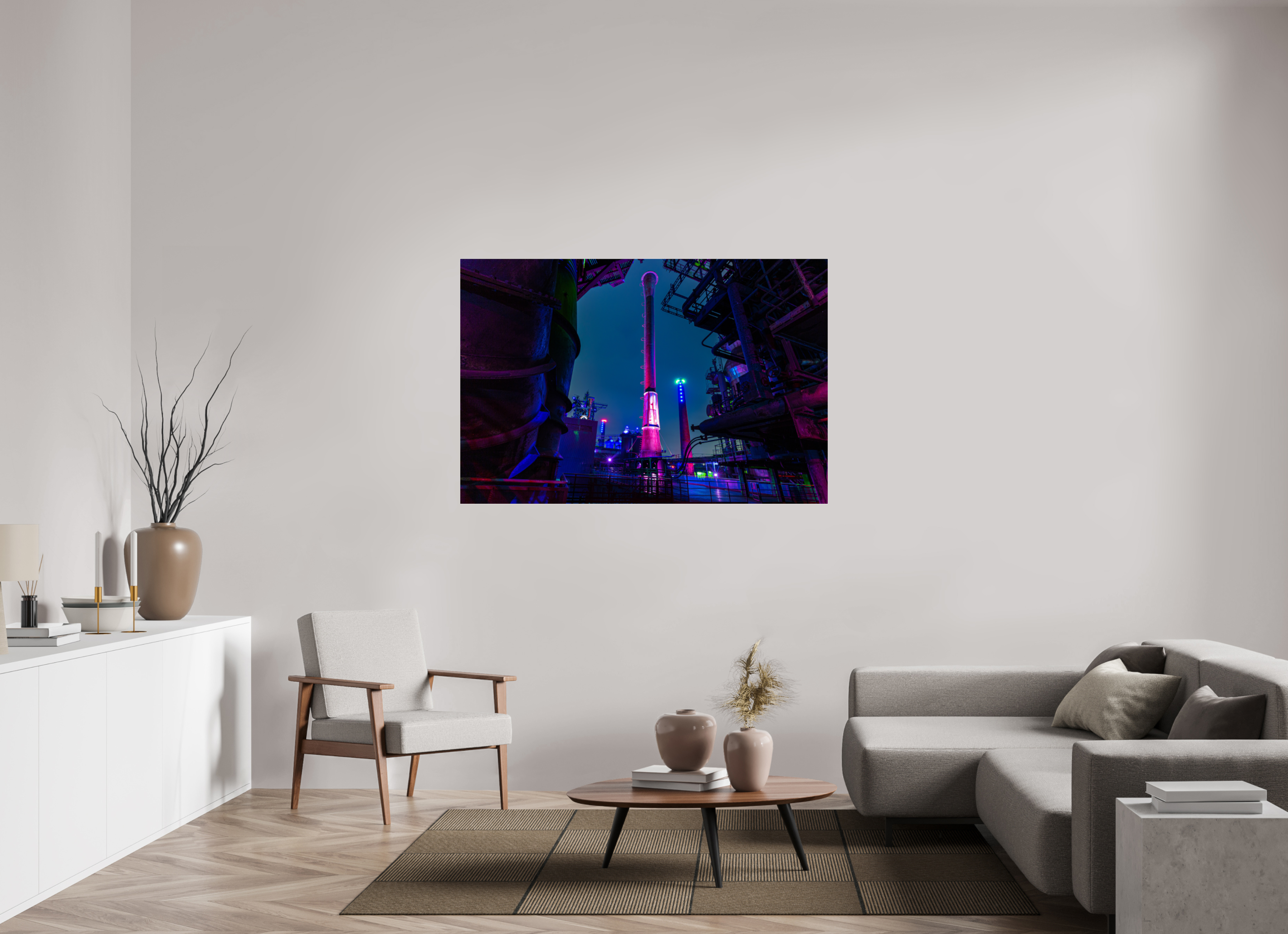 150 x 100 cm, Acrylglas 4 mm glänzend Illuminierter Schornstein im Landschaftspark Duisburg