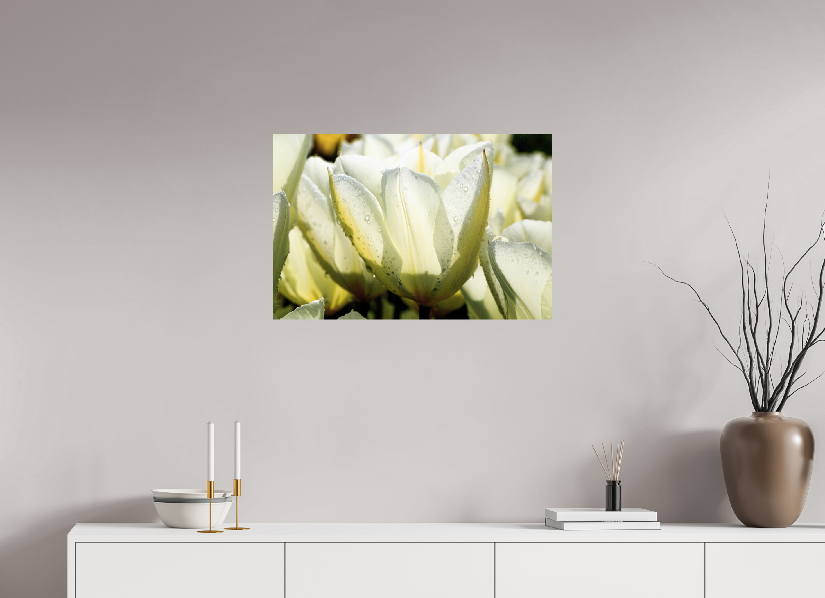75 x 50 cm, Photo Print On Fuji Crystal DP II Morgentau auf Tulpen-Blütenblättern