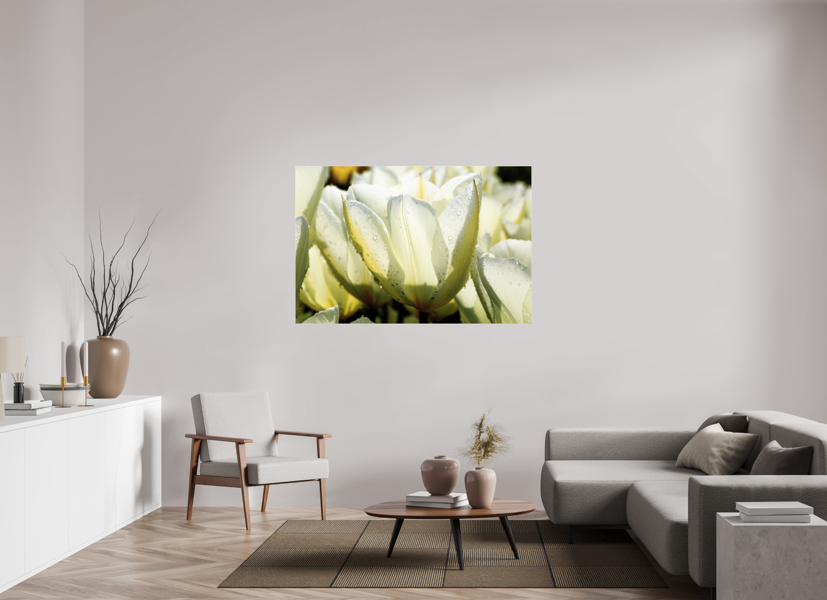 150 x 100 cm, Photo Print Under Acrylic Glass Morgentau auf Tulpen-Blütenblättern
